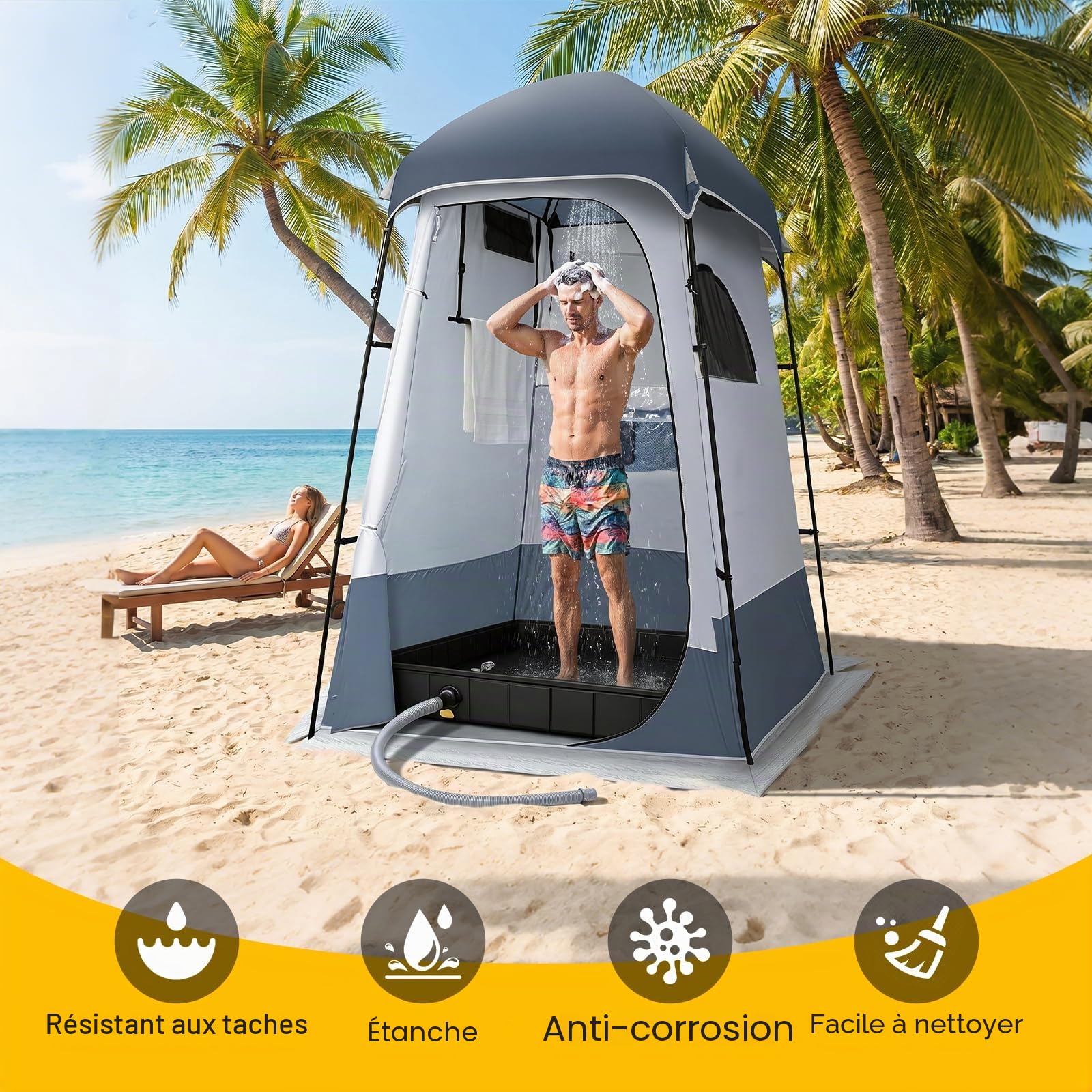 Pliable Base de Douche, 103x103x13cm Grand Bac de Douche avec 2 Trous d'évacuation, 1M Tuyau d'évacuation et Texture Antidérapante, Base de Douche pour Camping, Extérieur, Intérieur