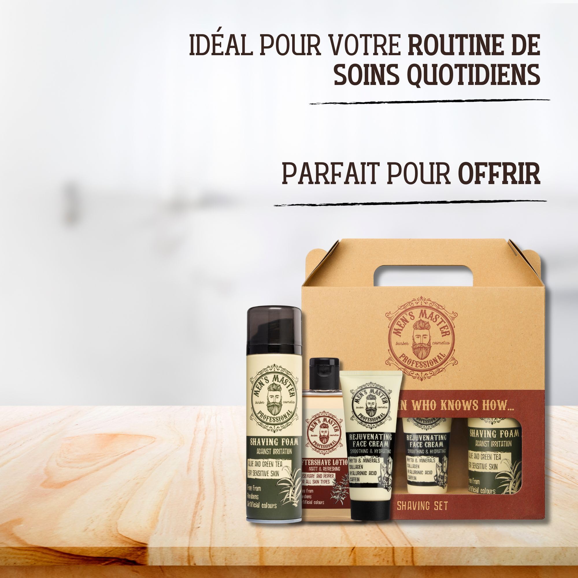 Men's Master Ensemble-Cadeau de Rasage 3 Pièces pour Homme | Mousse a Raser Hydratante | Lotion Après Rasage | Apaisant et Crème Rajeunissant Anti-rides | Soins pour Visage | Ensemble-Cadeau pour lui