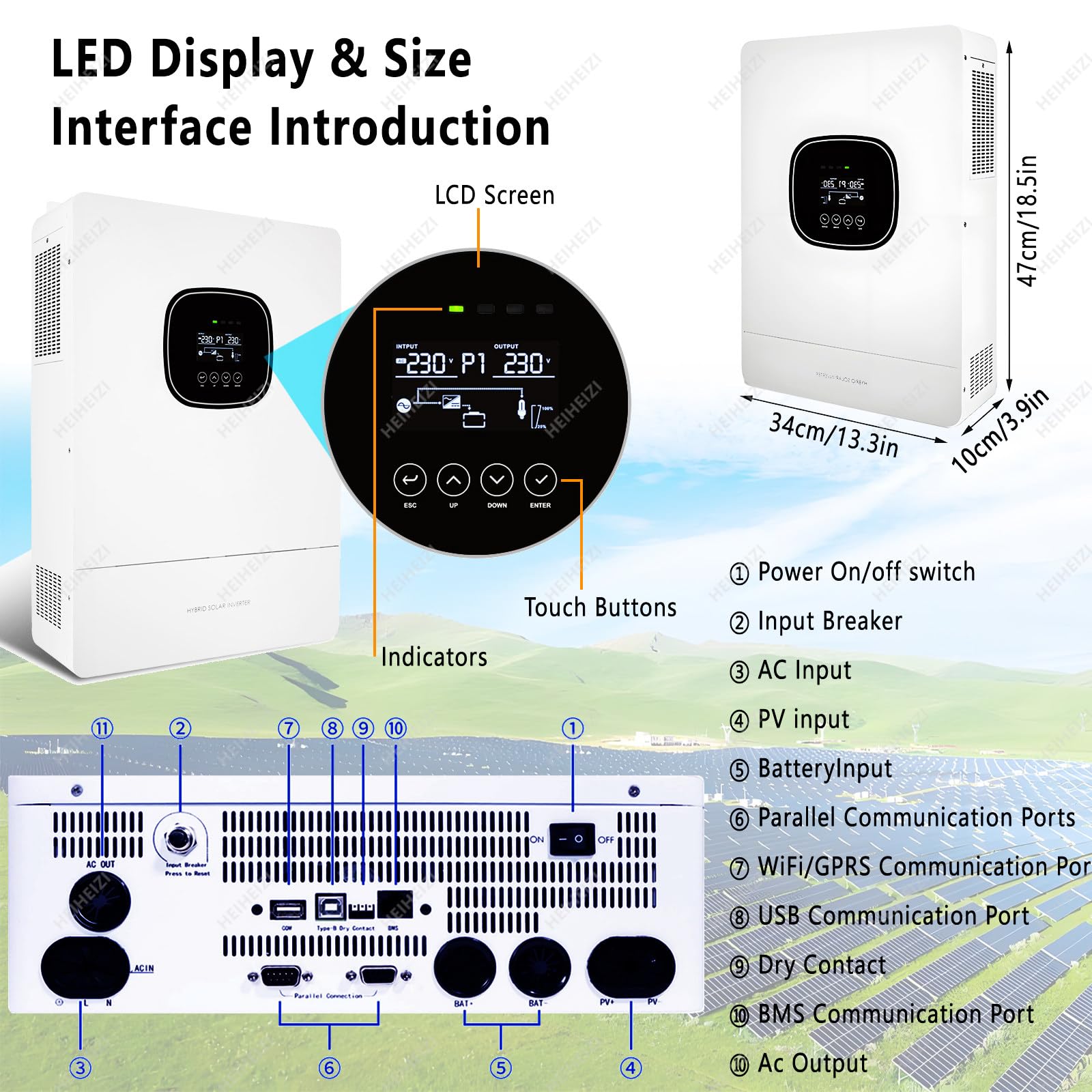 Inversor solar híbrido de 5,0 kW, cargador de onda sinusoidal pura para uso fuera de red con pantalla LCD y controlador de carga solar MPPT de 80 A, eficiencia de seguimiento del 99,5 %, compatible