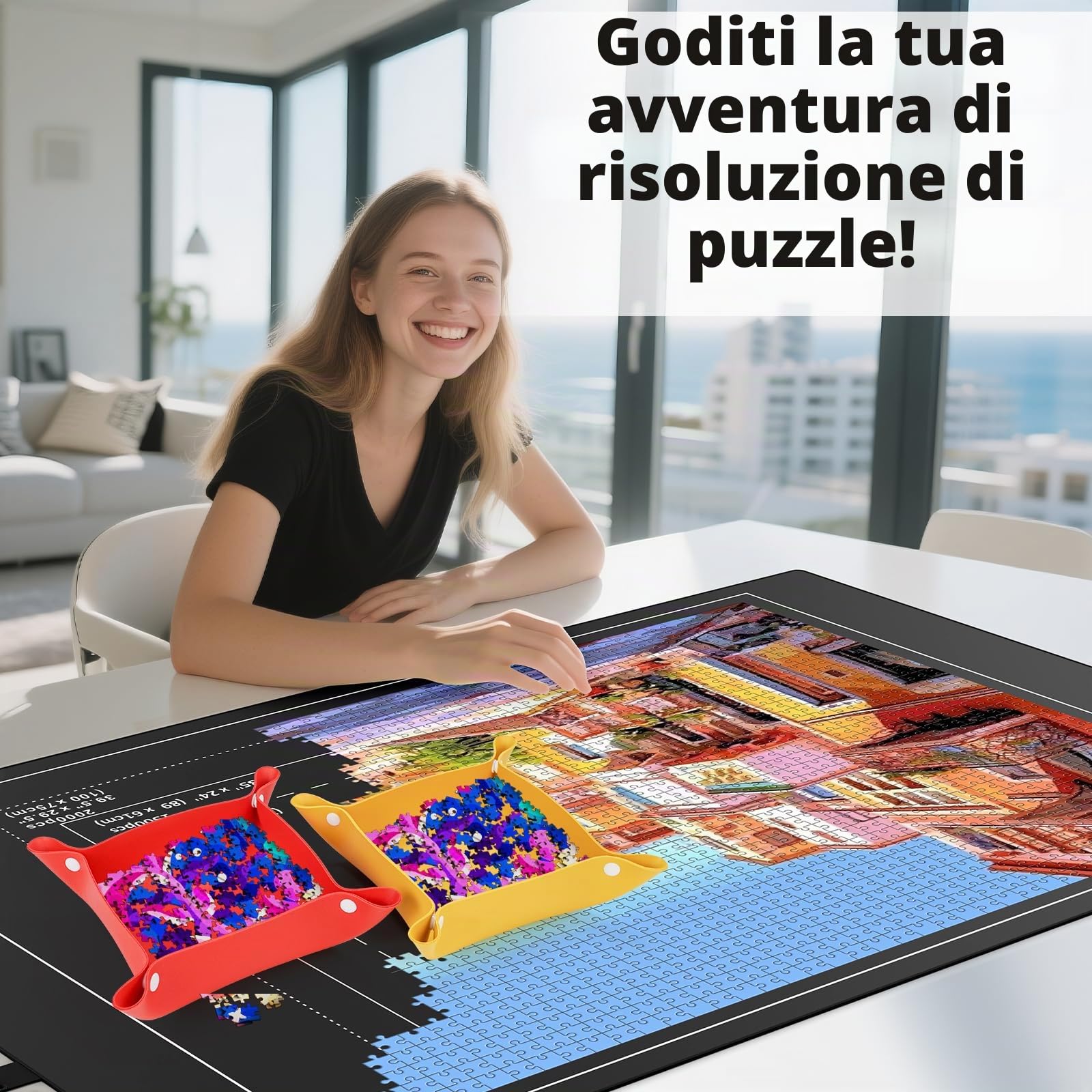 Tappetini per Puzzle Fino a 2000 Pezzi con Base in Gomma Antiscivolo - Tappeto120 x 80cm per 1000/1500 e 2000 Pezzi, Design Arrotolabile in Secondi, Completto di 8 Vassoi e Borsa