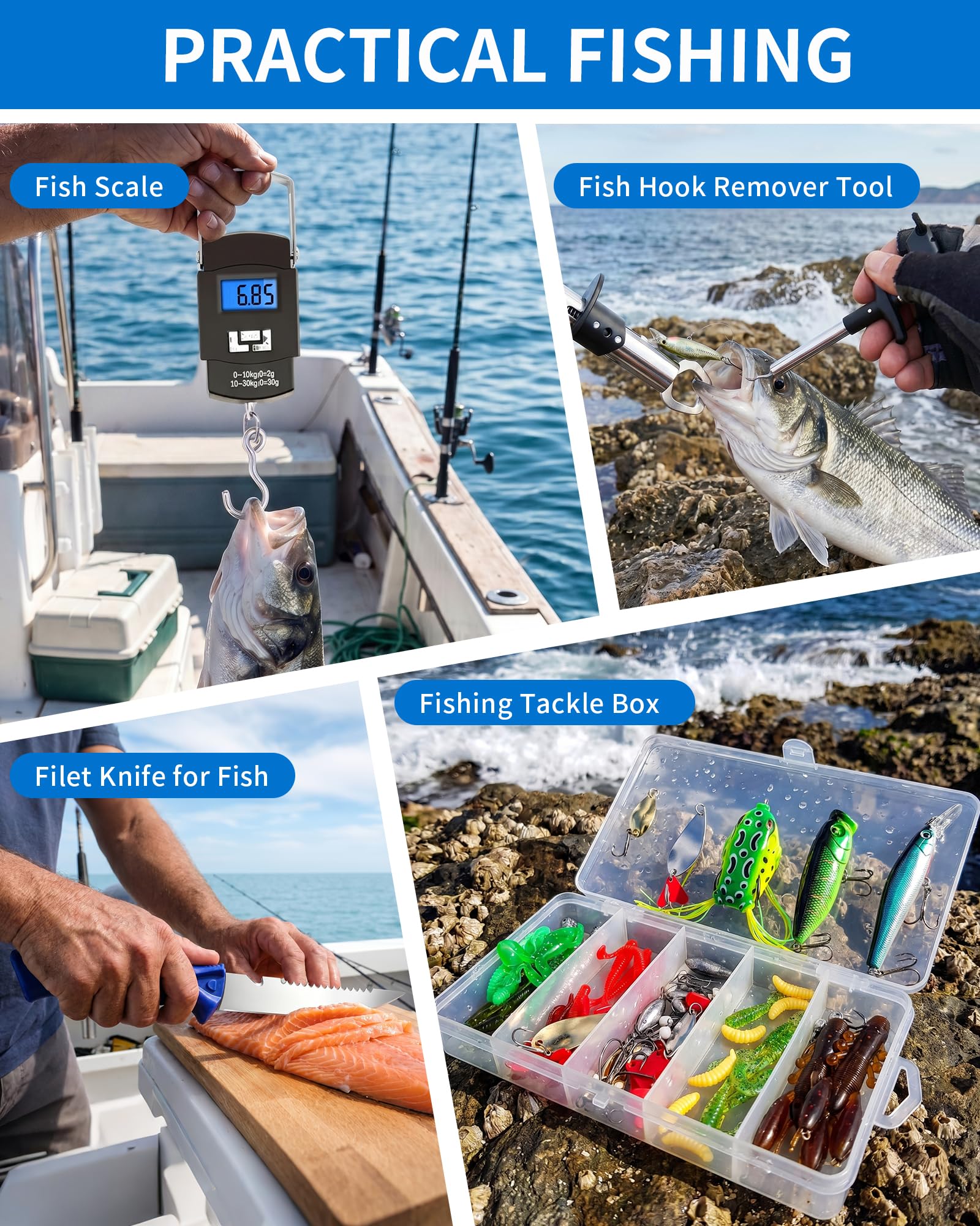 Angelwerkzeug-Set – Angelzangen-Set, 112-teiliges Angelzubehör und Ausrüstung, mit Fischhakenentferner, Angelwaage, Angelschere, Fischlippengreifer, Angelköder