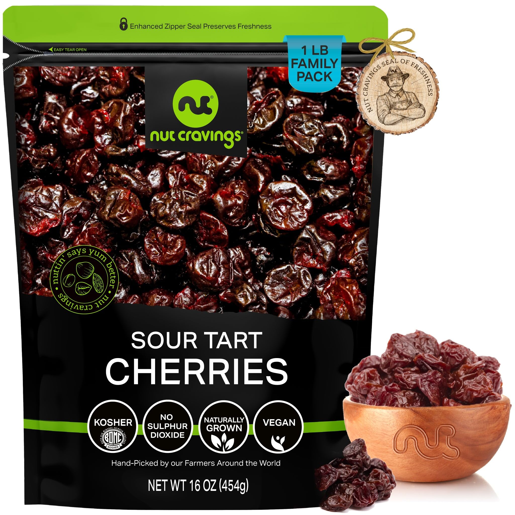 NUT CRAVINGS - Sun Dried Sour Tart Cherries, Lightly Sweetened, Unsulphured (16oz, 1 LB) Bulk Dry Fruits Packed Fresh in Resealable Bag - Sweet Healthy Snack, Naturally Grown, Vegan, Kosher