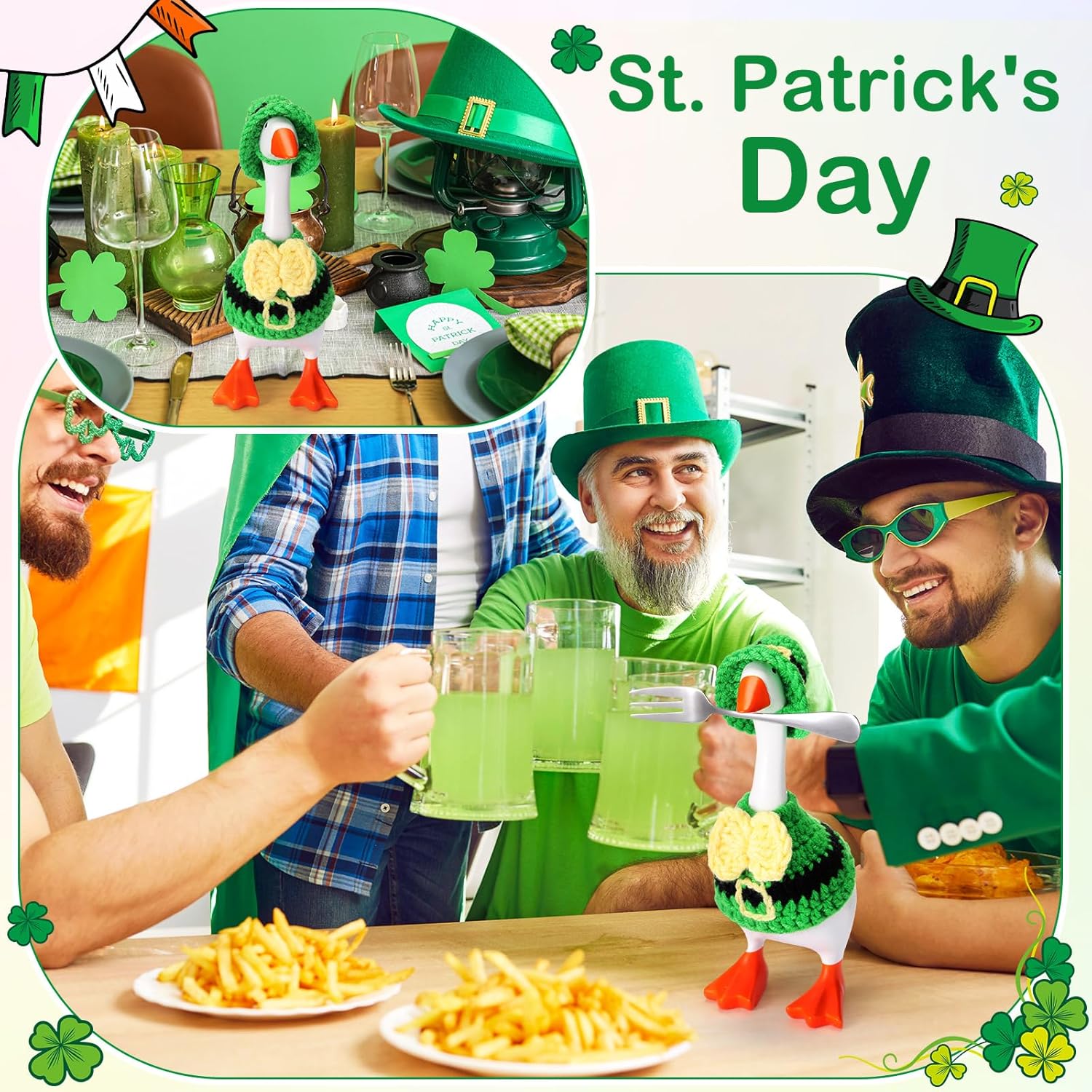 3 Sets St. Patrick's Day Easter Desk Goose Outfits Valentines 7'' Goose Costume with Heart Shamrock Bunny Hat(Crochet Style)