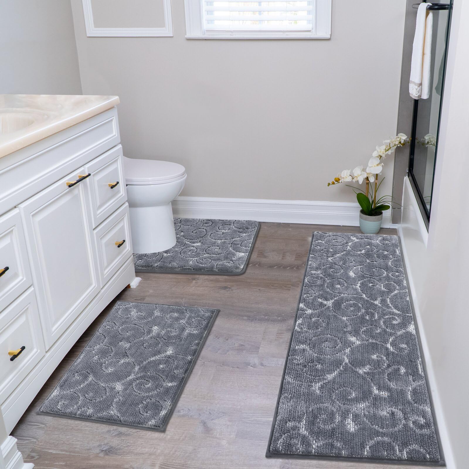 Amazon.com: HEBE Bathroom Rug Sets 3 Piece Non Slip Bathroom Shower Rugs with U-Shaped Contour ...