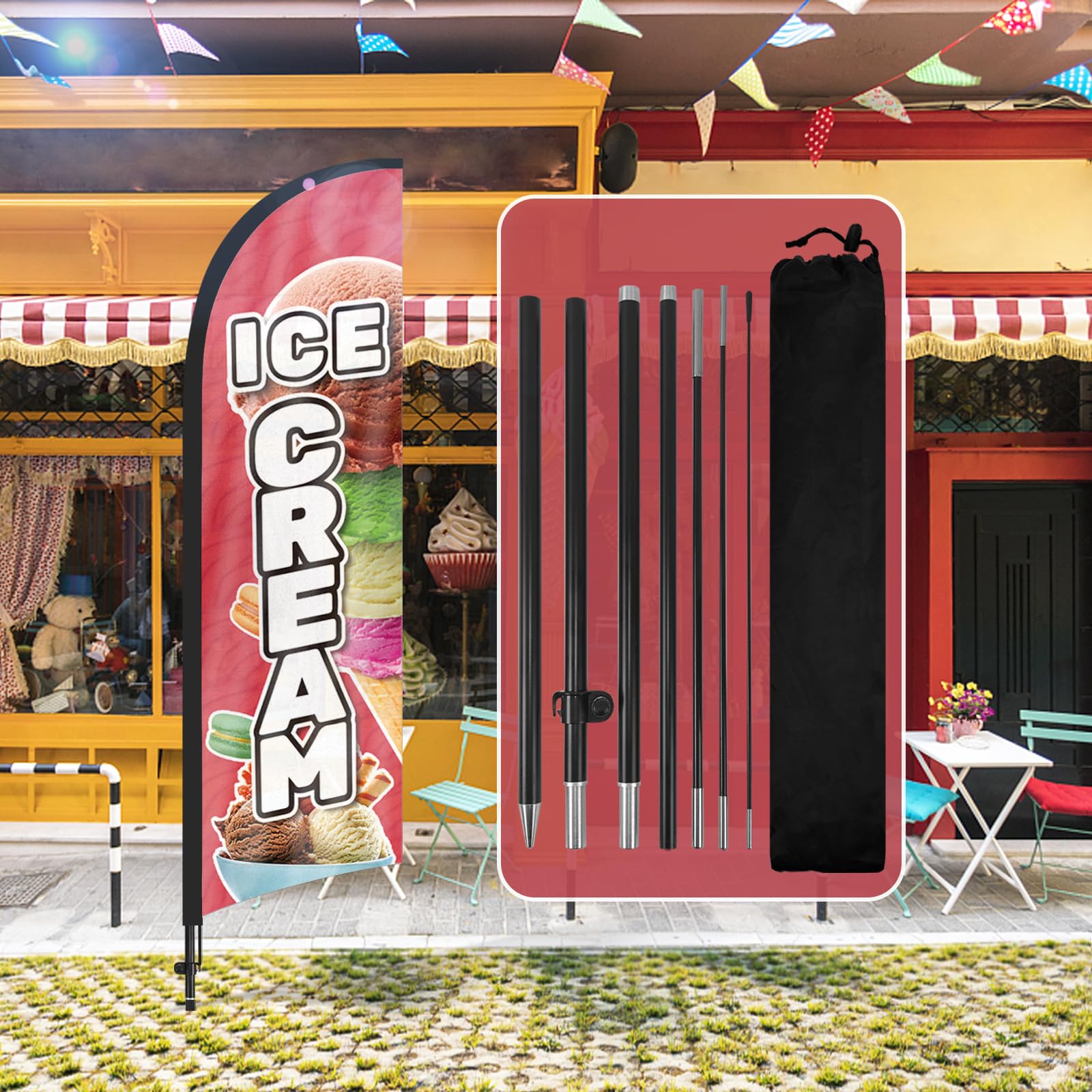 Ice Cream3 Federflagge, 2,4 m, Eiscreme-Flagge mit Stangen-Set, Erdspieß, Eiscreme, 3 Schilder für Unternehmen und Schaufenster