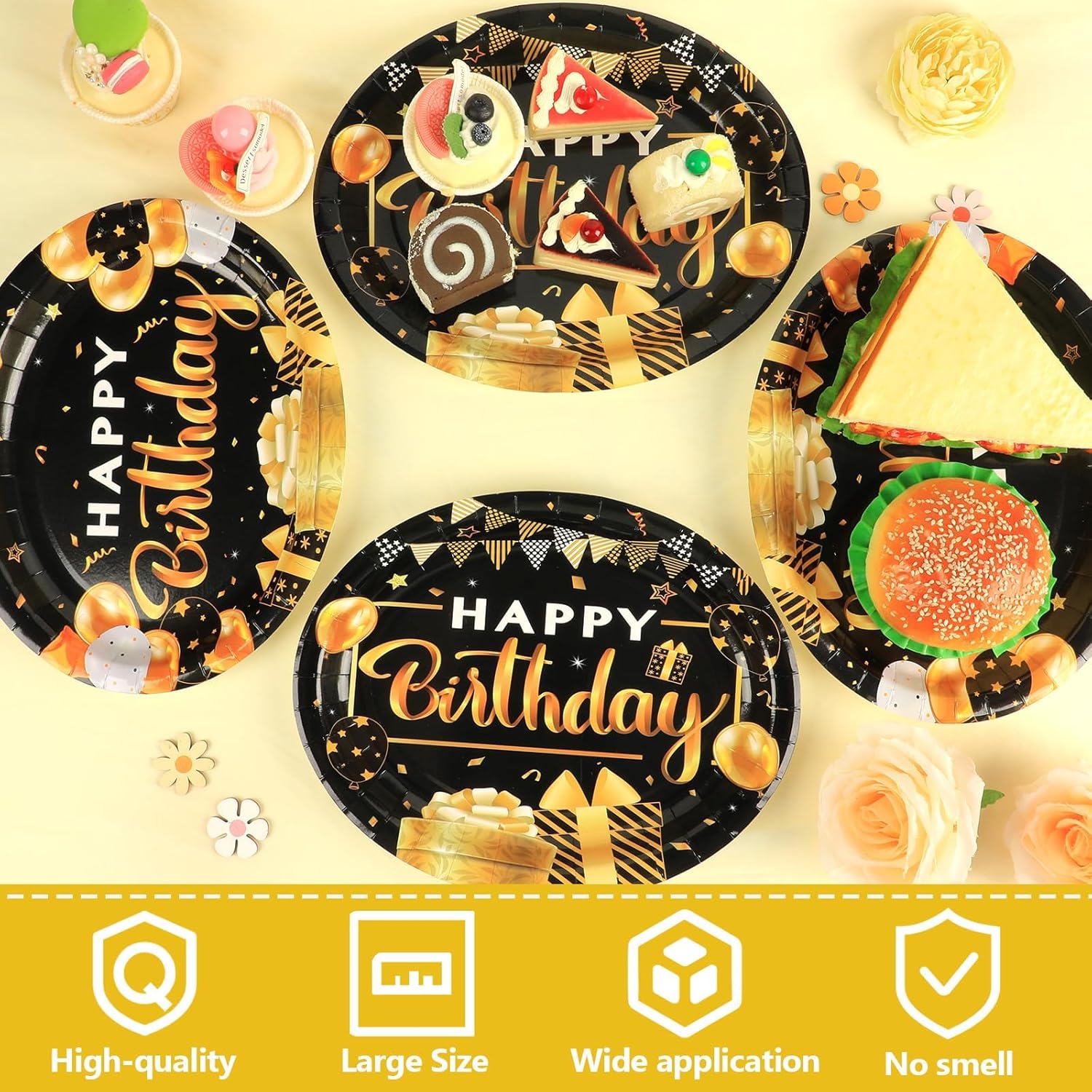 50PCS Black and Gold Birthday Oval Paper Plates 11inch Large Black Party Decorations Platters, Happy Birthday Party Heavy Duty Dish Tray for Men Women Gathering BBQ Dinner Tableware Supplies - Image 3