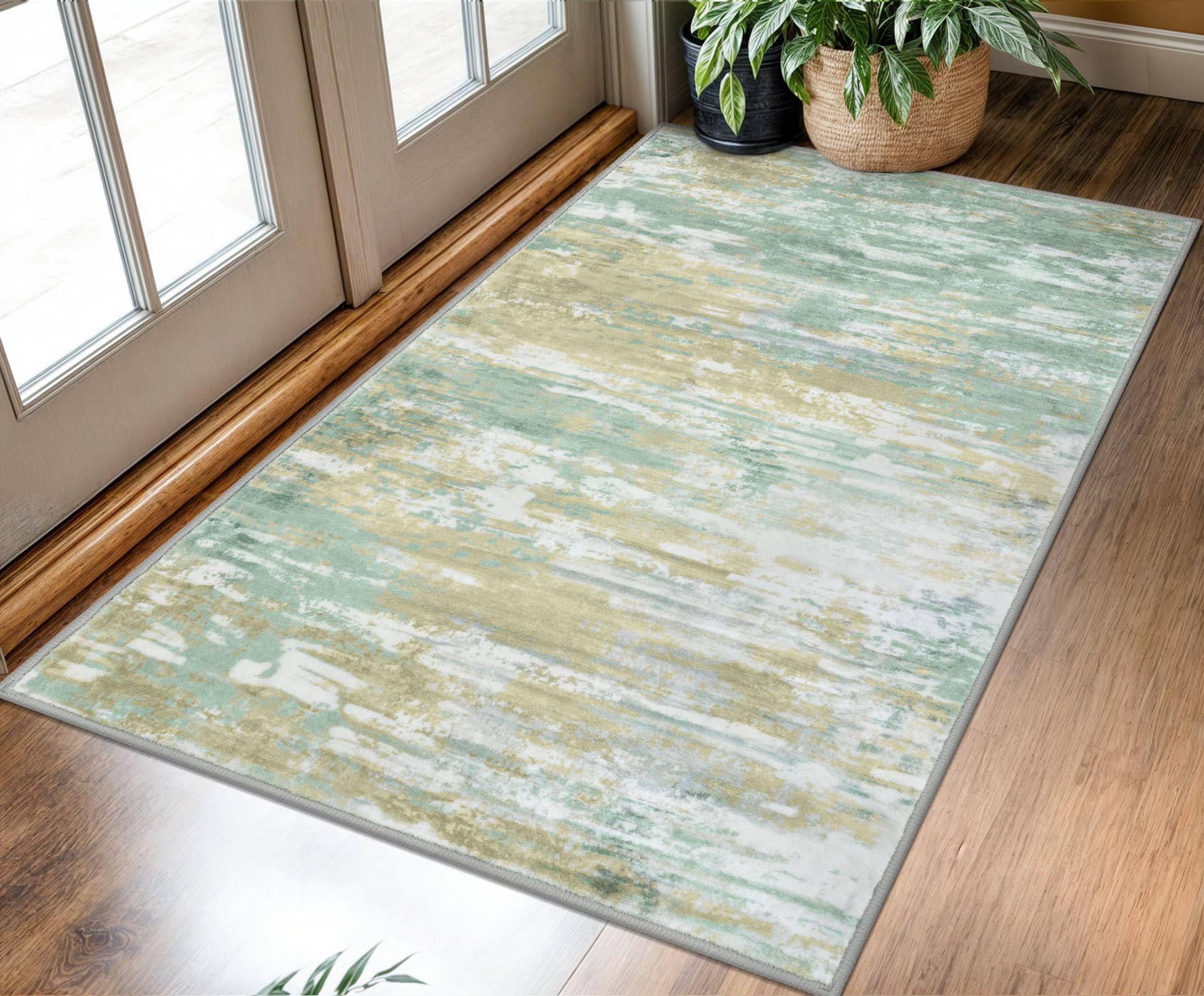 KOZYFLY Modern Abstract 3x5 Area Rug Washable Bedroom Rug Light Green Yellow, Throw Entry Mat Non-Slip Stain Resistant Carpet Dining Room Rug with Soft Low Pile for Living Room Kitchen Bath Office — image 1