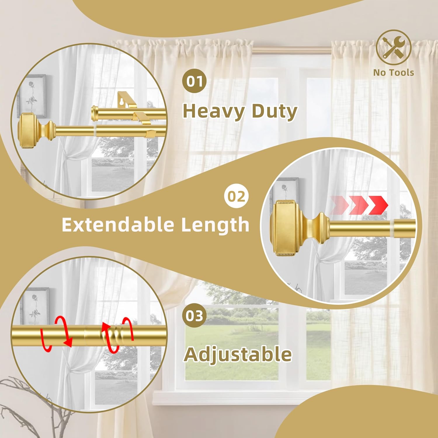 Double Curtain Rod with Square Finials，3/4-Inch Diameter,Adjusts Rod Length from 30 to 126 Inch,Gold