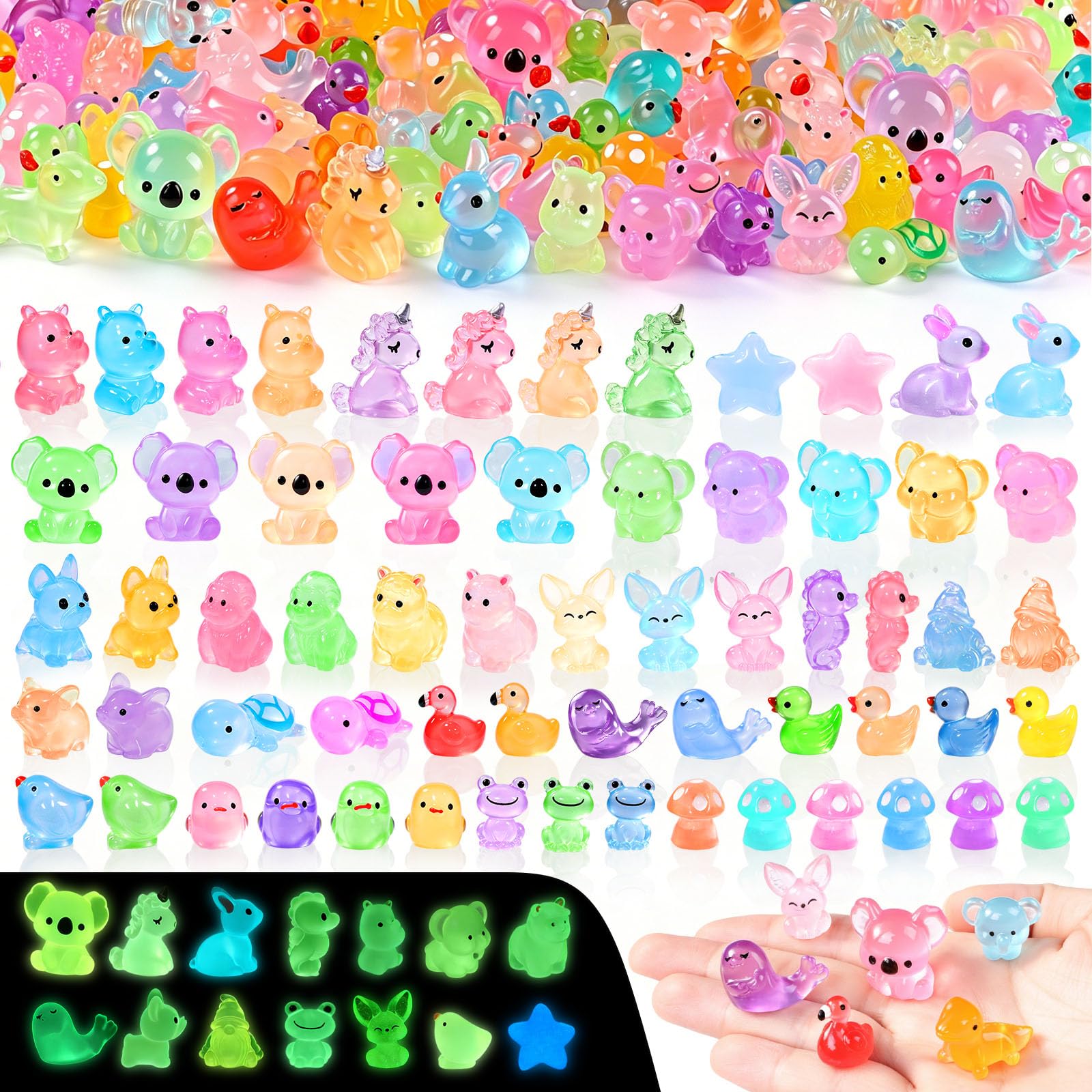 XIMISHOP 202PCS Mini Luminous Resin Animals，23 Styles Tiny Resin Animals Miniature Mini Little Small Plastic Animal Figures Glow in the Dark for Micro Landscape Fairy Aquarium Dollhouse Decor