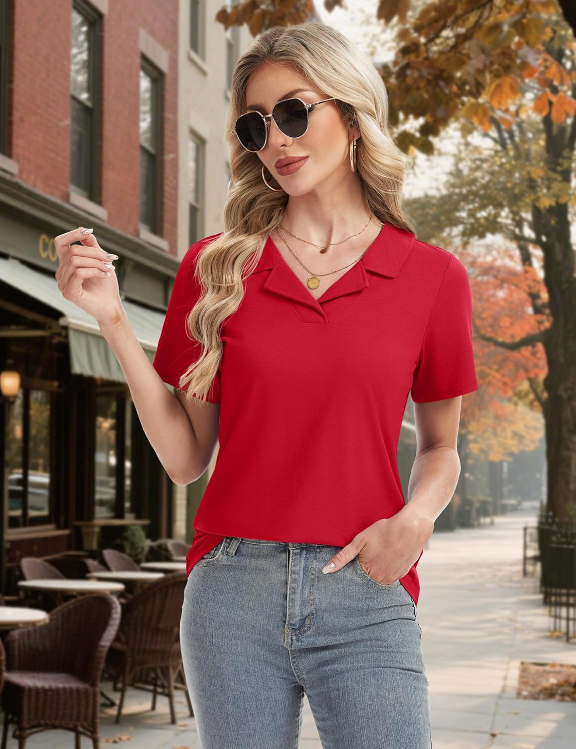 YUCOLEN Womens Polo Shirts V-Neck Lapel Collared UPF 50+ Short Sleeve Tee Business Casual Tops Trendy Summer Work Shirt - Image 6