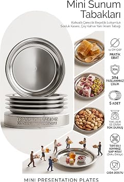 Transformacion Çelik Mini Sunum Tabağı 5'li Set 11 cm - Metal Kahvaltı Çerezlik Reçellik Lokumluk Sosluk Kasesi, Çay Kahve Yanı İkram Tabağı ve Bardak Altlığı 723332
