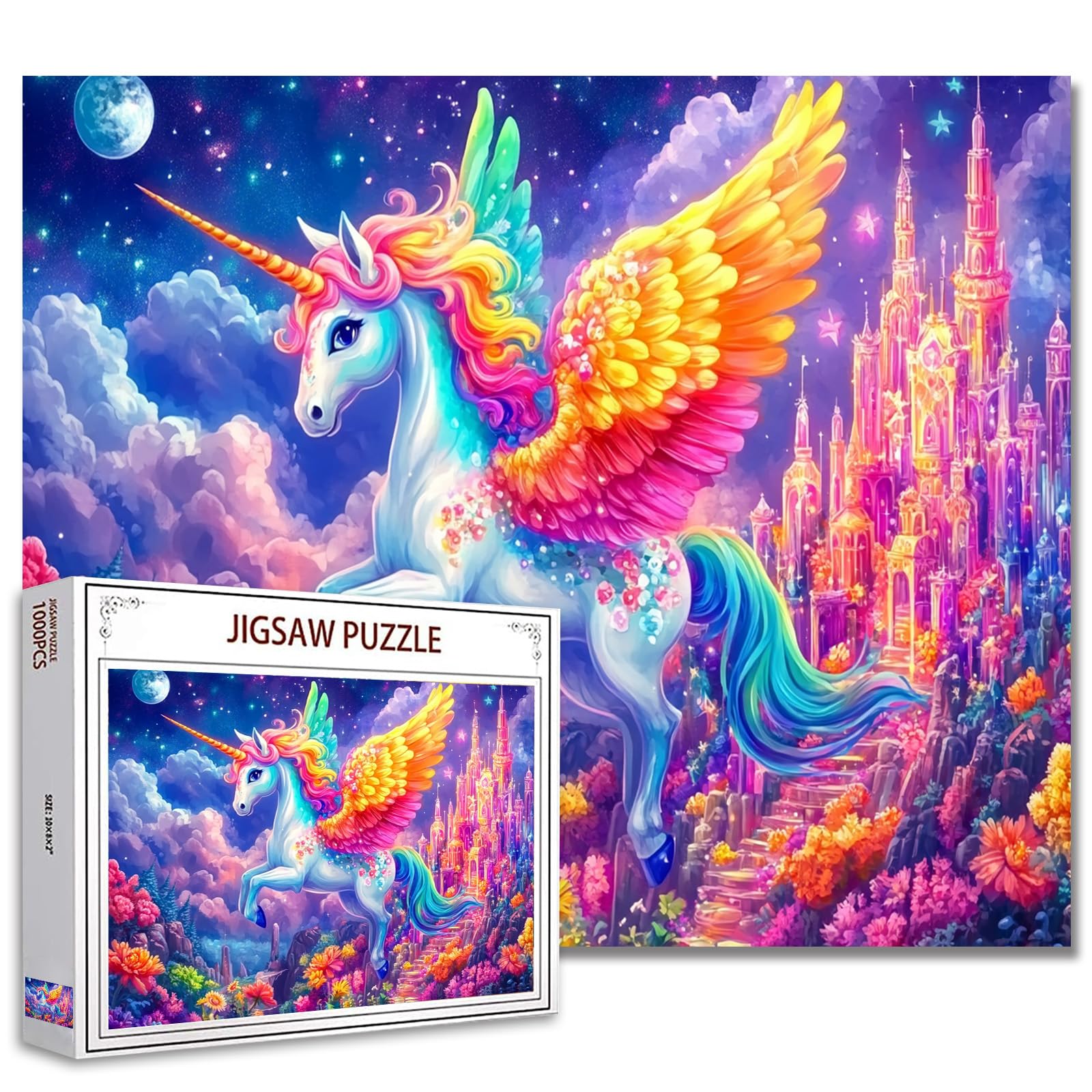 Jigsaw Puzzles 1000 Pieces for Adults-Pony with Rainbow Wing Hardboard Puzzle-Challenging Puzzle Perfect for Game Nights-DIY Home Wall Decor-Art Puzzles-Unicorn Dreamy Wonderland Scenery Art 27" x 20"