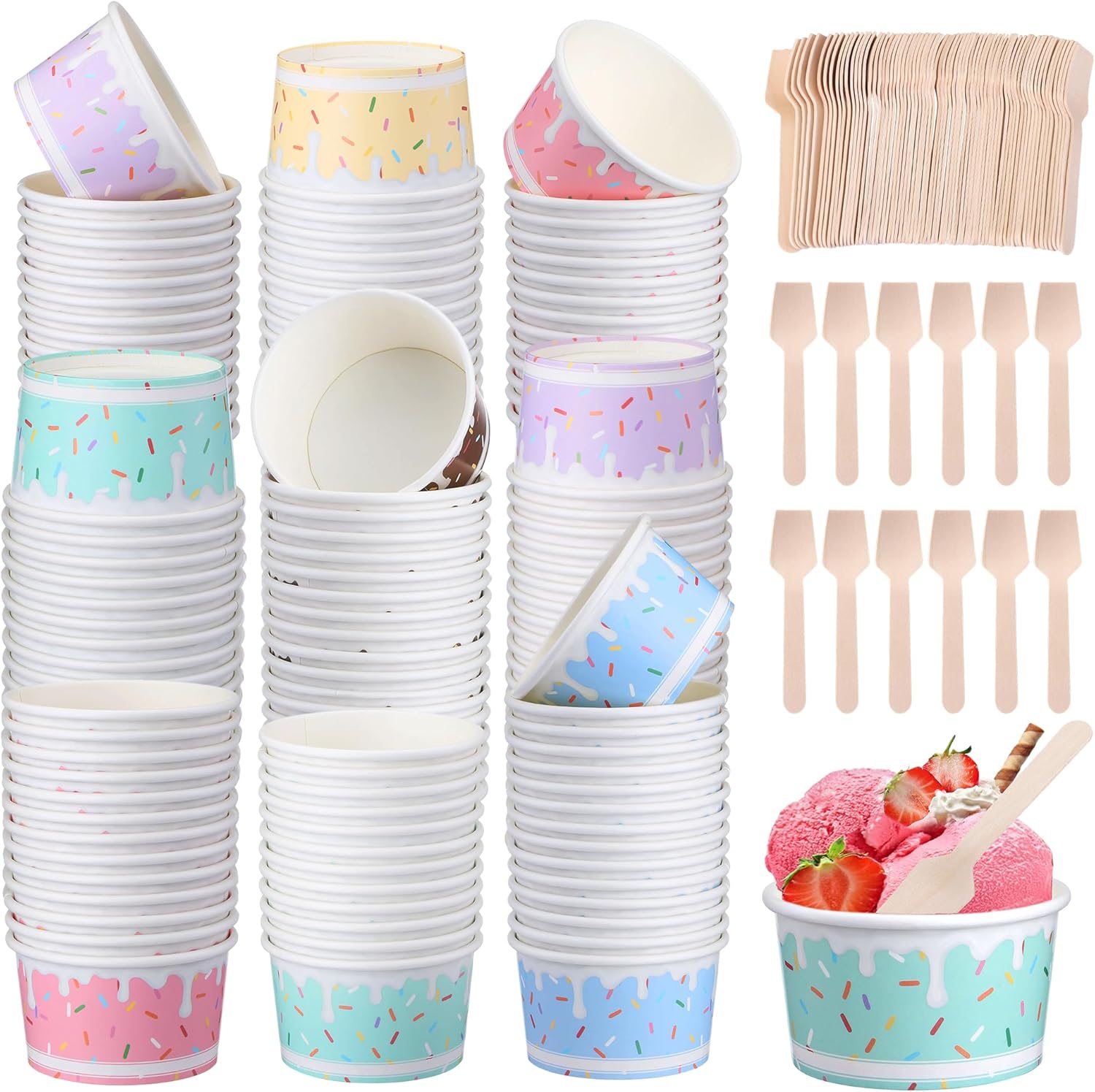 Kochorie 300 Pieces 6 oz Paper Ice Cream Cups with Spoons Paper Dessert Cups Disposable Ice Cream Bowls Treat Snack Container Cup for Sundae Frozen Yogurt Soup Summer Party Supplies