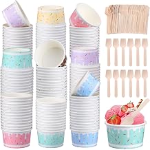 Kochorie 60 Pieces 6 oz Paper Ice Cream Cups with Spoons Paper Dessert Cups Disposable Ice Cream Bowls Treat Snack Container Cup for Sundae Frozen Yogurt Soup Summer Party Supplies