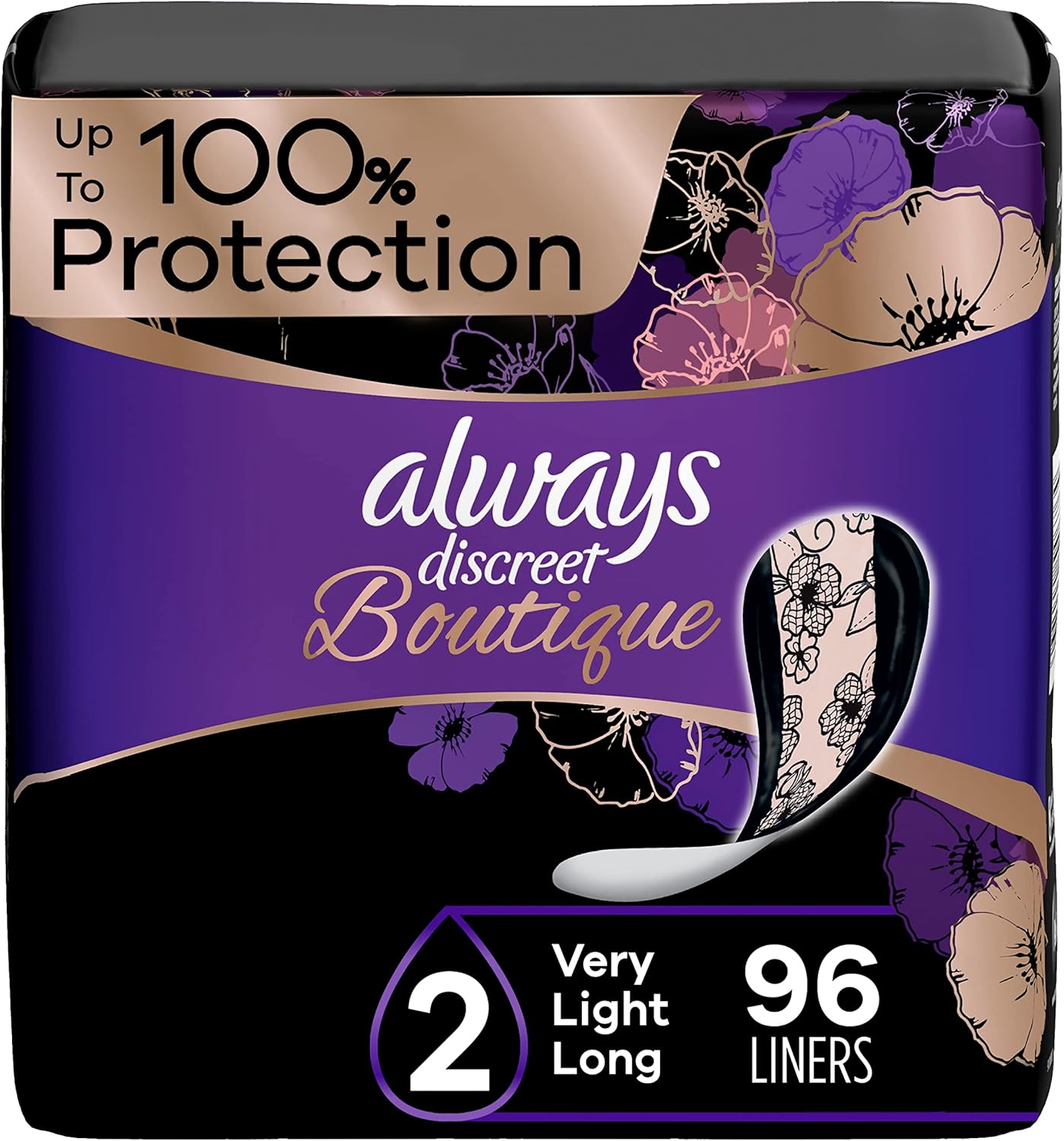 Always Discreet Boutique Adult Incontinence & Postpartum Liners For Women, Size 2, Very Light Absorbency, Long Length, 32 Count x 3 Packs (96 Count total) (Packaging May Vary)
