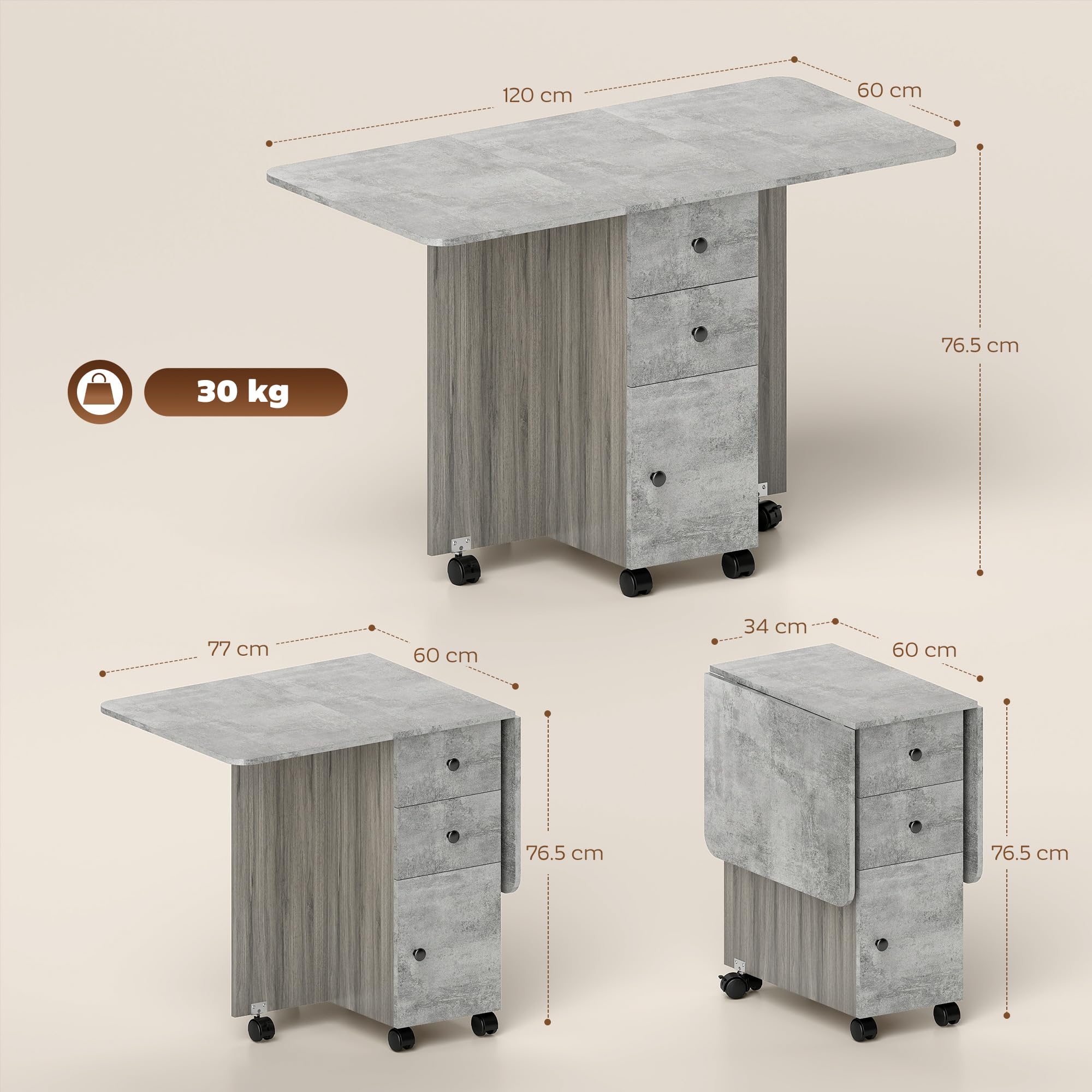 HOMCOM 60-120 cm Folding Dining Table for 4-6, Rolling Drop Leaf Table on Wheels with Storage Drawers, Cabinet and Open Shelf for Small Spaces, Kitchen, Dining Room, Flat, Grey Marble Effect — view 3