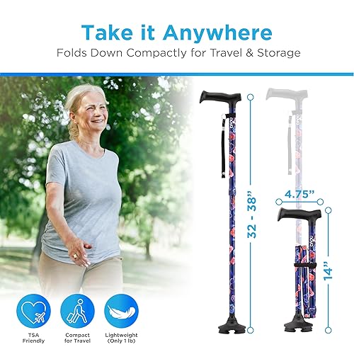 Miniatura 4 de NOVA Bastón plegable para hombres y mujeres, bastón ajustable y ligero con punta pivotante, base autónoma, bolsa de viaje y 4 puntas adicionales,