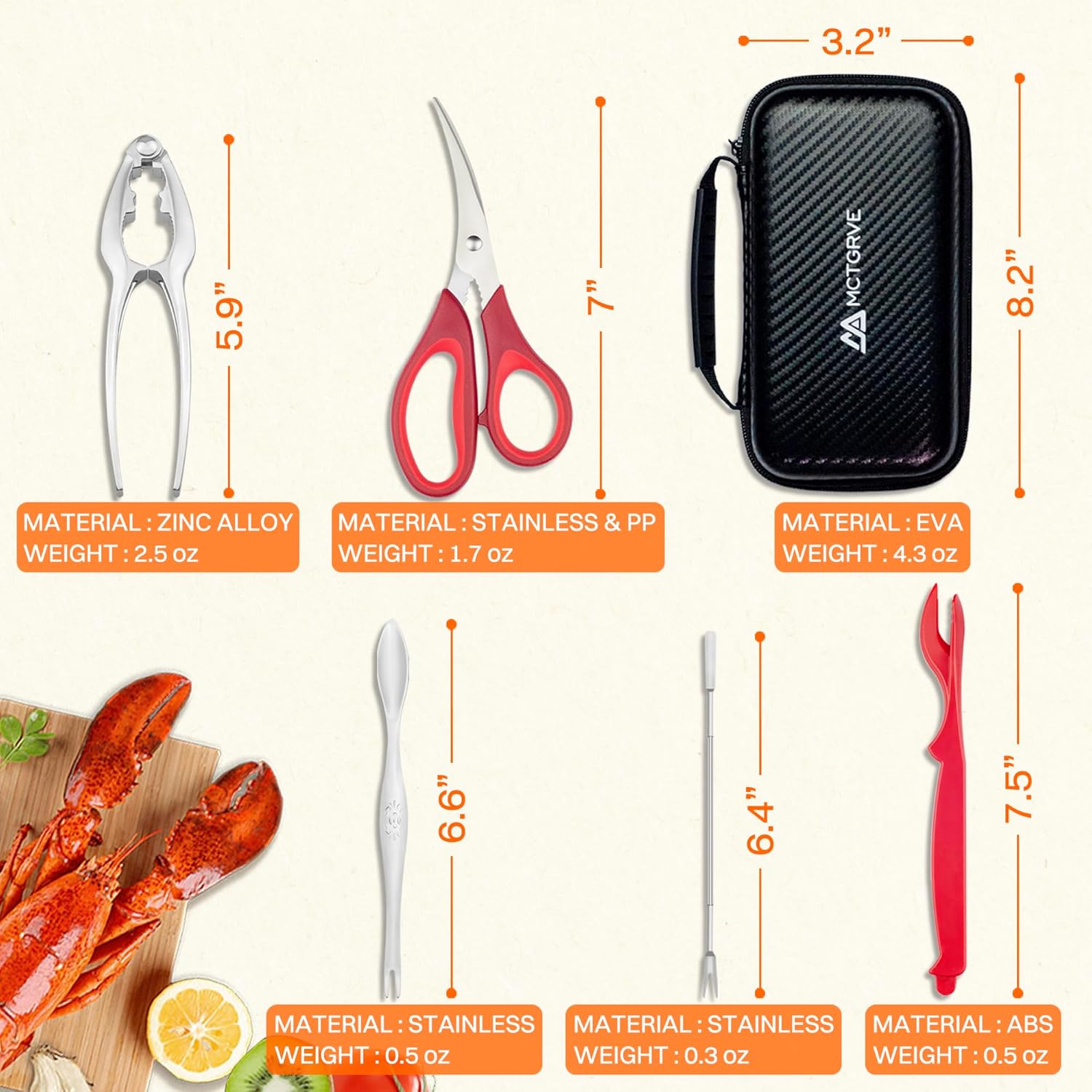 Crab Crackers and Tools，21-piece Seafood Tools Set includes 4 Crab Crackers, 4 Lobster Shellers, 4 Lobster Forks/Picks, 4 Crab Forks/Spoons and 4 Seafood Scissors in 1 Storage Bag - Nut Cracker Set