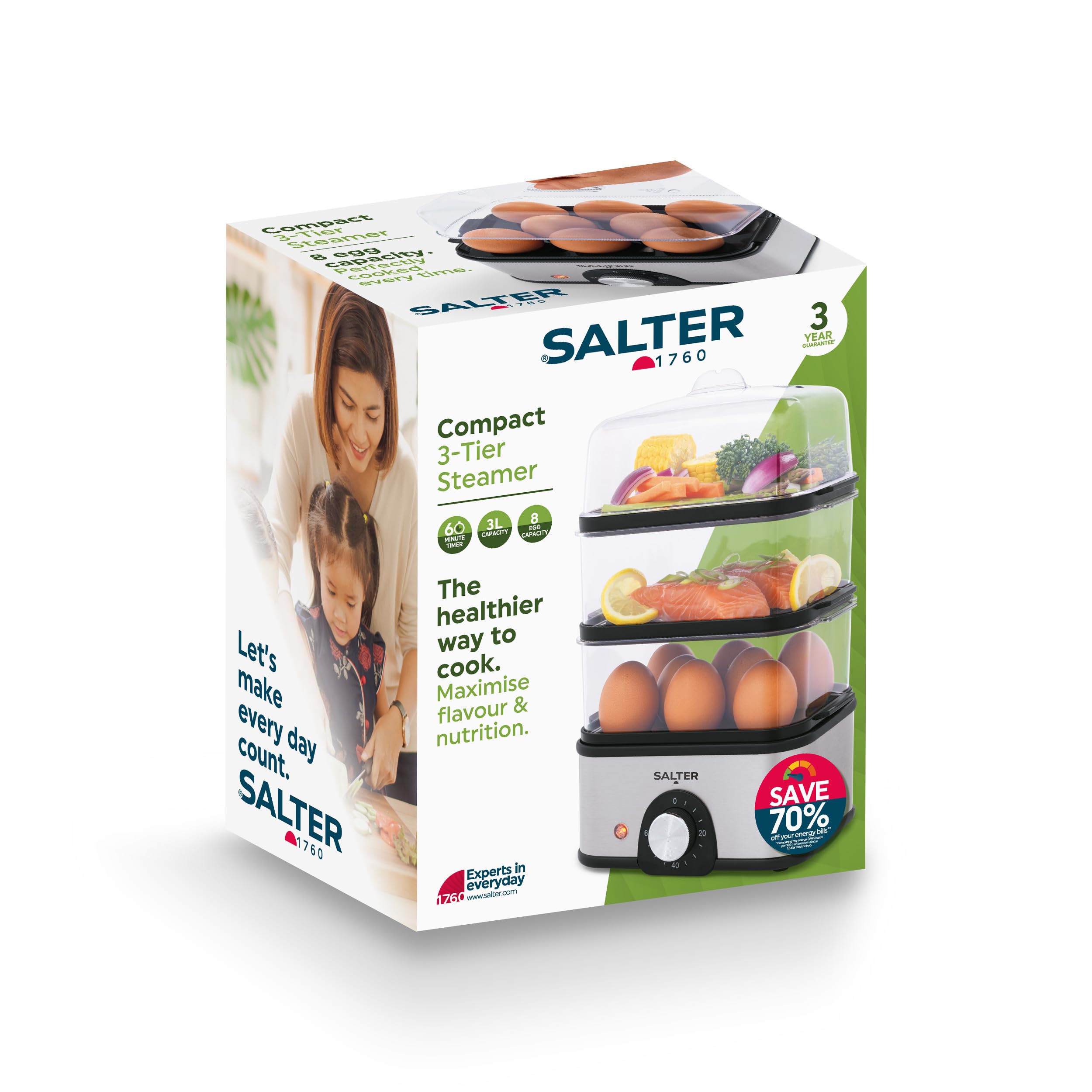 Salter Compact Vaporizador de Alimentos de 3 Niveles – Multi-Cooker, 3 Cestas para Vapor, Cocedor Eléctrico de Huevos, Capacidad para 8 Huevos, Vaporizador de Verduras, Temporizador de 60 Minutos