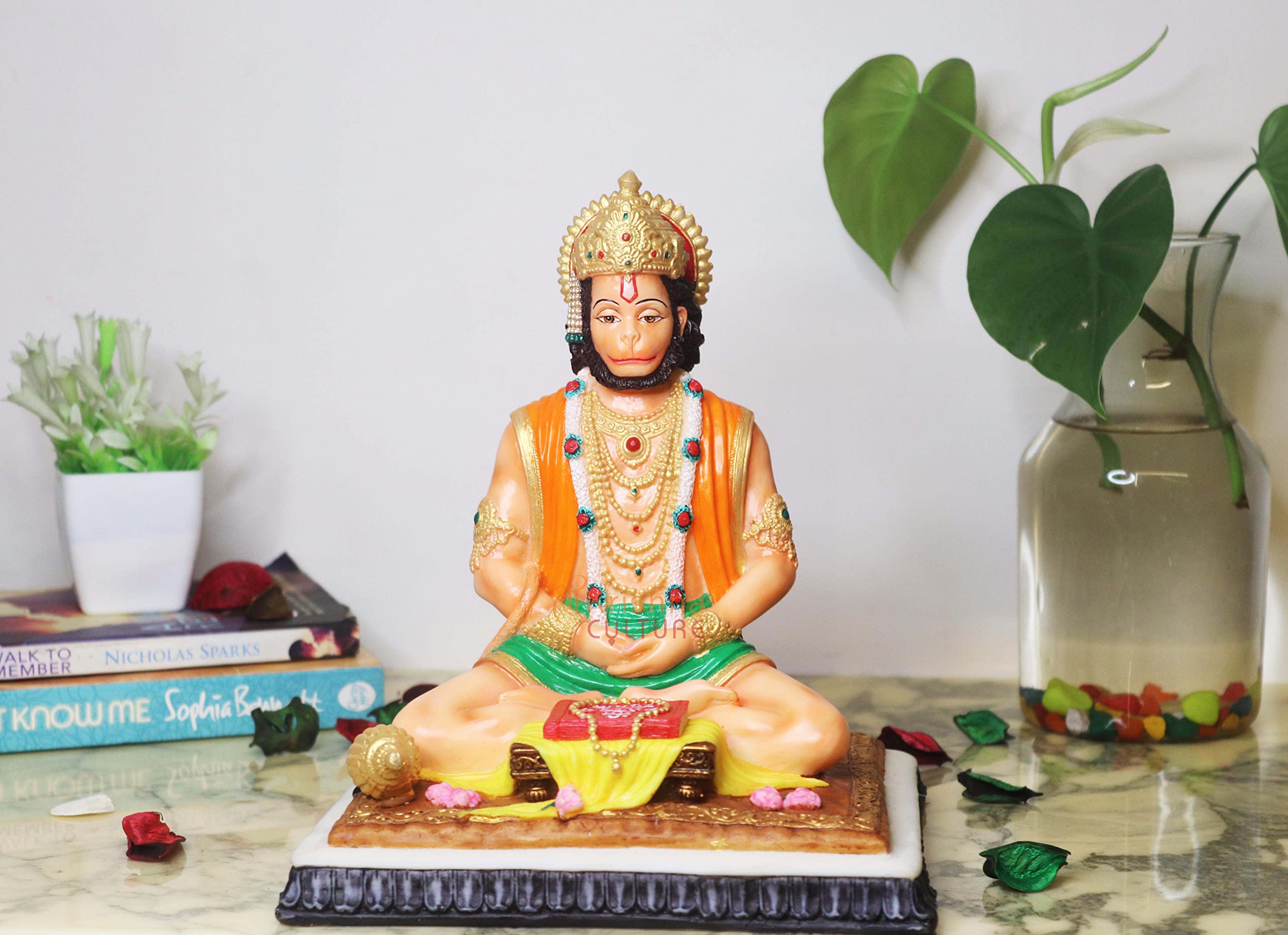 Sri Krishna Culture Large Sitting Hanuman Ji Jupa Polyester Resin Figurine (White) 8.5in, Multicolour