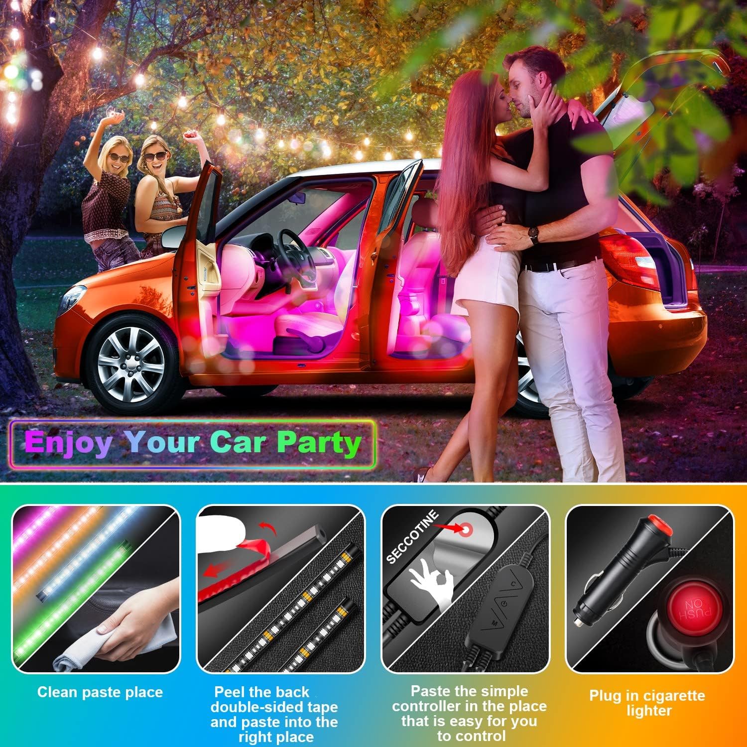 Interior Car Lights Car Accessories, LED Lights for Car APP Control 2-in-1 Long Lines Design, Music Sync Color Change Car Lights, 16 Million Colors RGB Under Dash Car Lighting with Car Charger DC 12V : Automotive