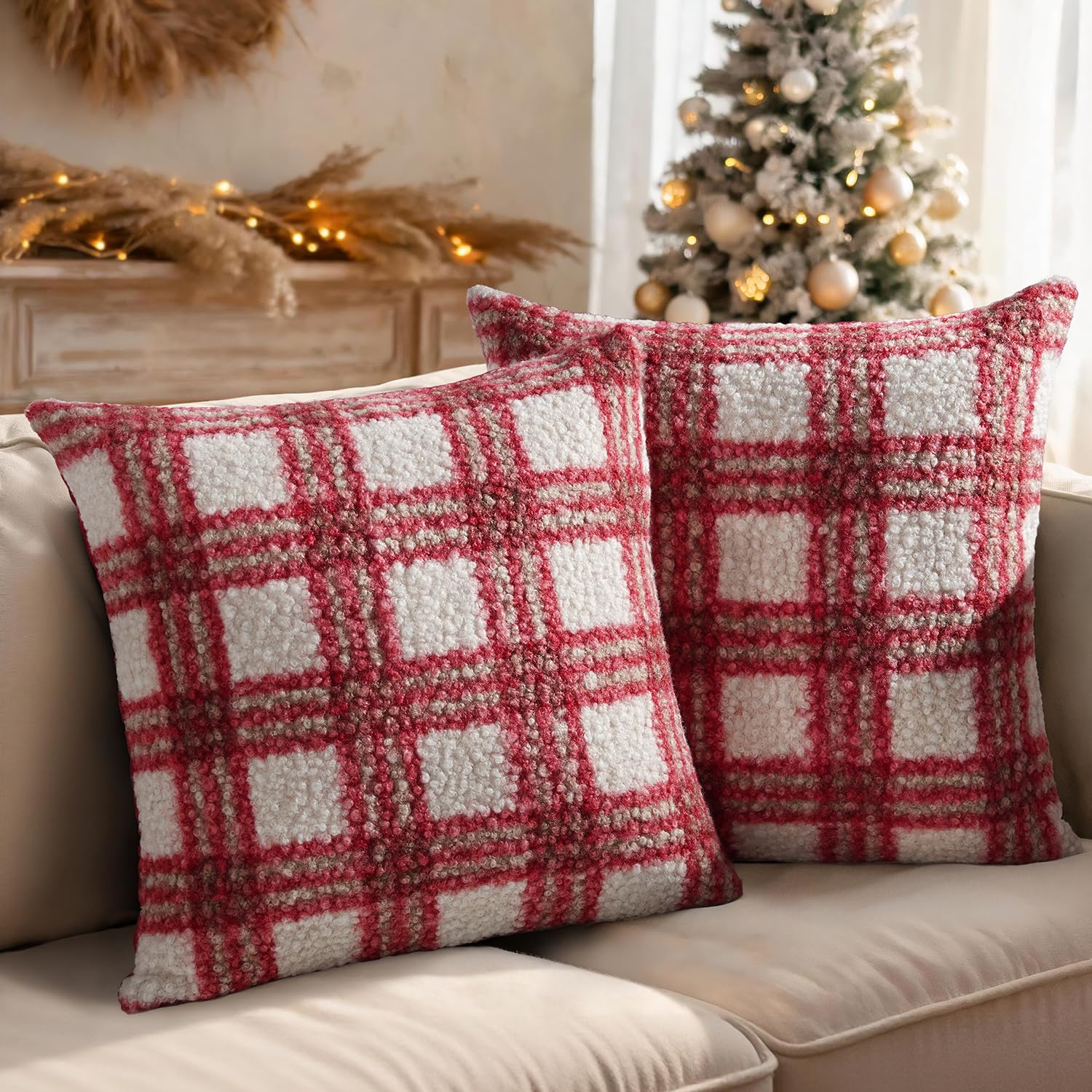 Artmag Christmas Cushion Covers 45x45cm Set of 2 Buffalo Plaid Decorative Pillow Covers Vintage Farmhouse Rustic Decor for Winter Holiday Sofa Couch White Red โ image 1