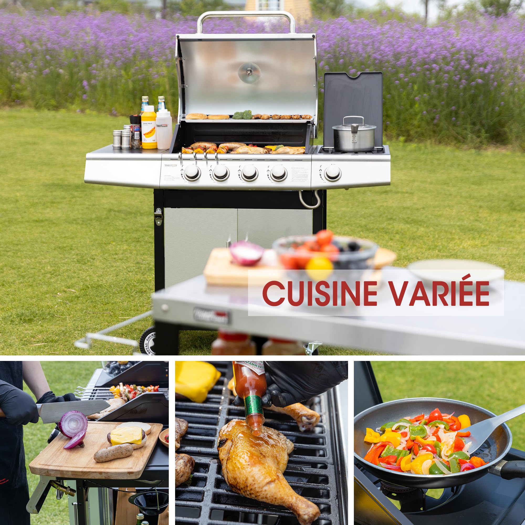Royal Gourmet Barbecue Gaz 4+1 Brûleurs Acier Inoxydable 14,5kW Gril avec Tablettes Thermomètre 2 Roues Directionnelles 2 Portes