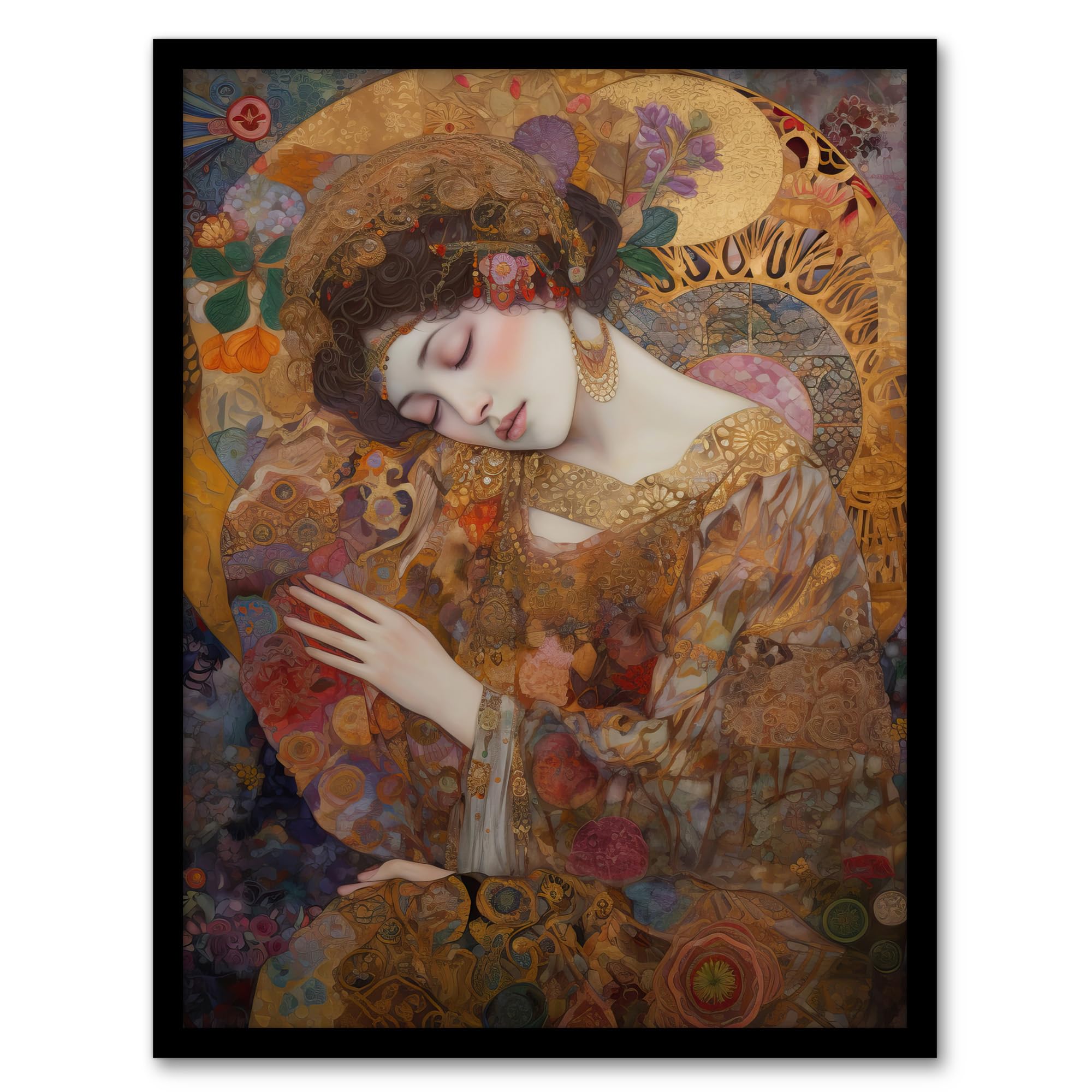 Artery8 Asleep Gustav Klimt-Inspired Portrait Of A Woman Bedroom Art Print Framed Poster Wall Decor 12x16 inch