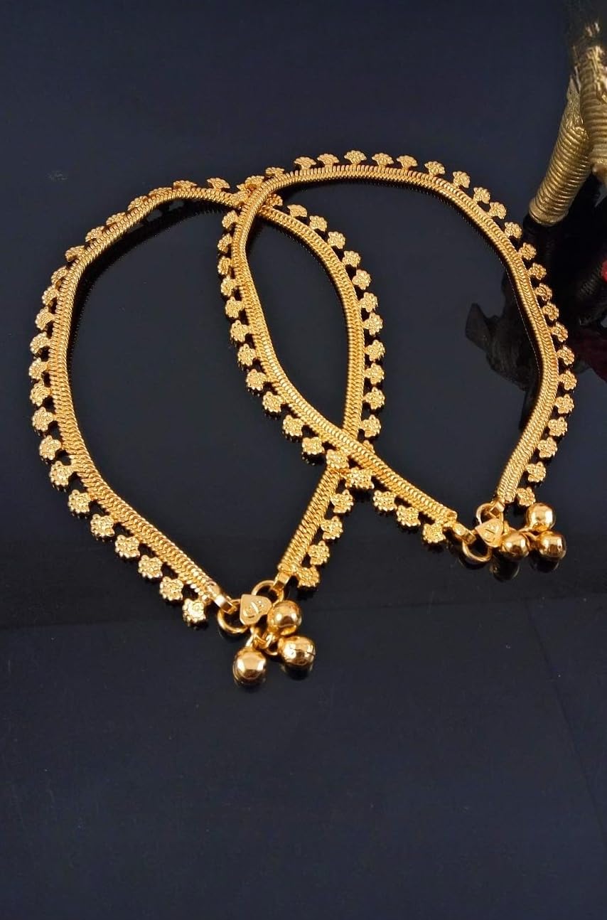 Thin Size Gold Plated Stylish Anklets Kolusu Payal Ghungroo for Women & Girls (Yellow)