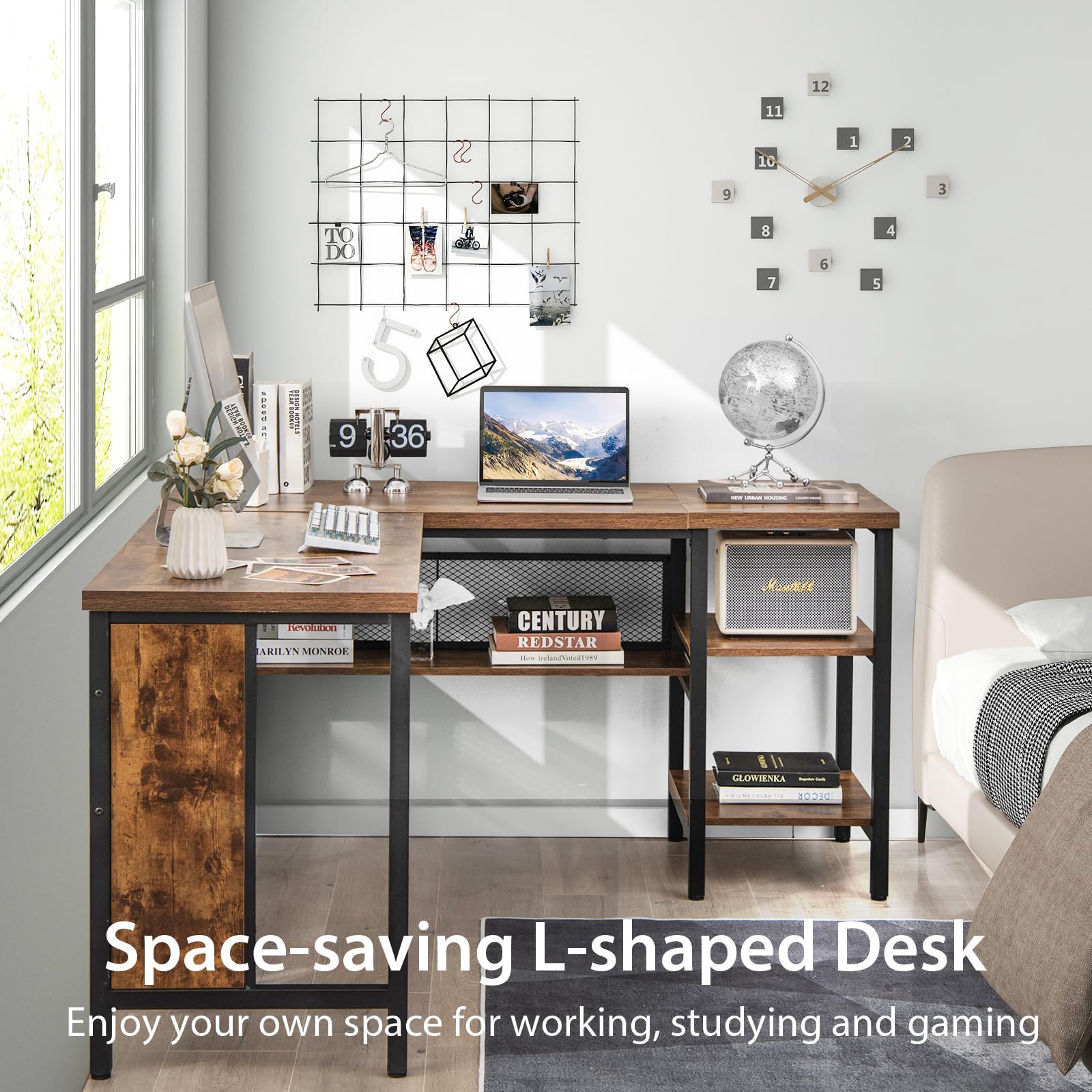 GIANTEX Bureau hoekbureau, L-vorm, computertafel, pc-tafel, werktafel met CPU-standaard, computerbureau, hoekbureau, hoektafel voor kantoor, 168 x 125 x 74 cm (natuur