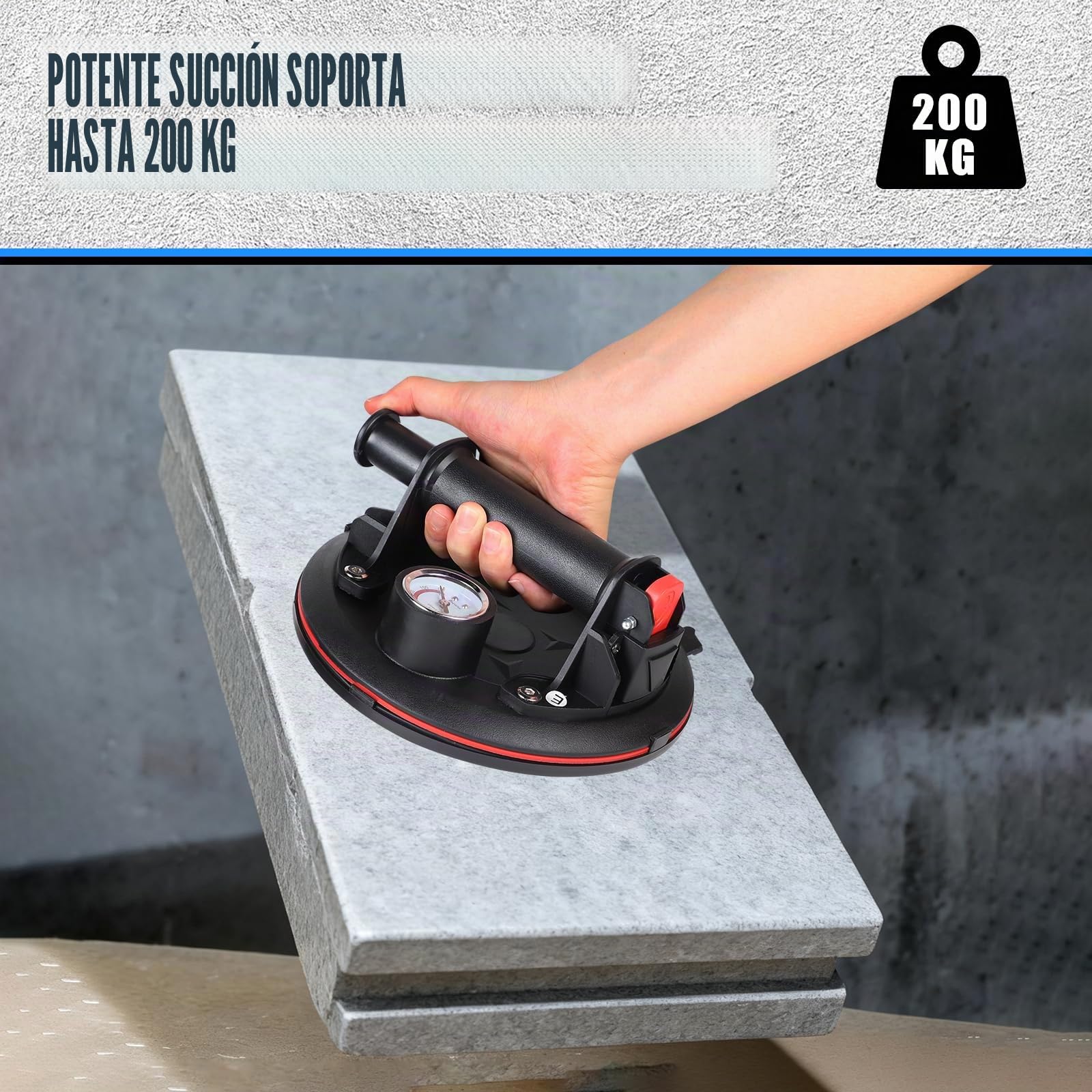 EXLECO 2 Piezas Ventosas para Azulejos con Manómetro, Carga Máxima 200 kg, Ventosa para Cristal Profesional, 8" Ventosa para Levantar Vidrio con Maleta, Ventosas para Transportar Mármol, Muebles