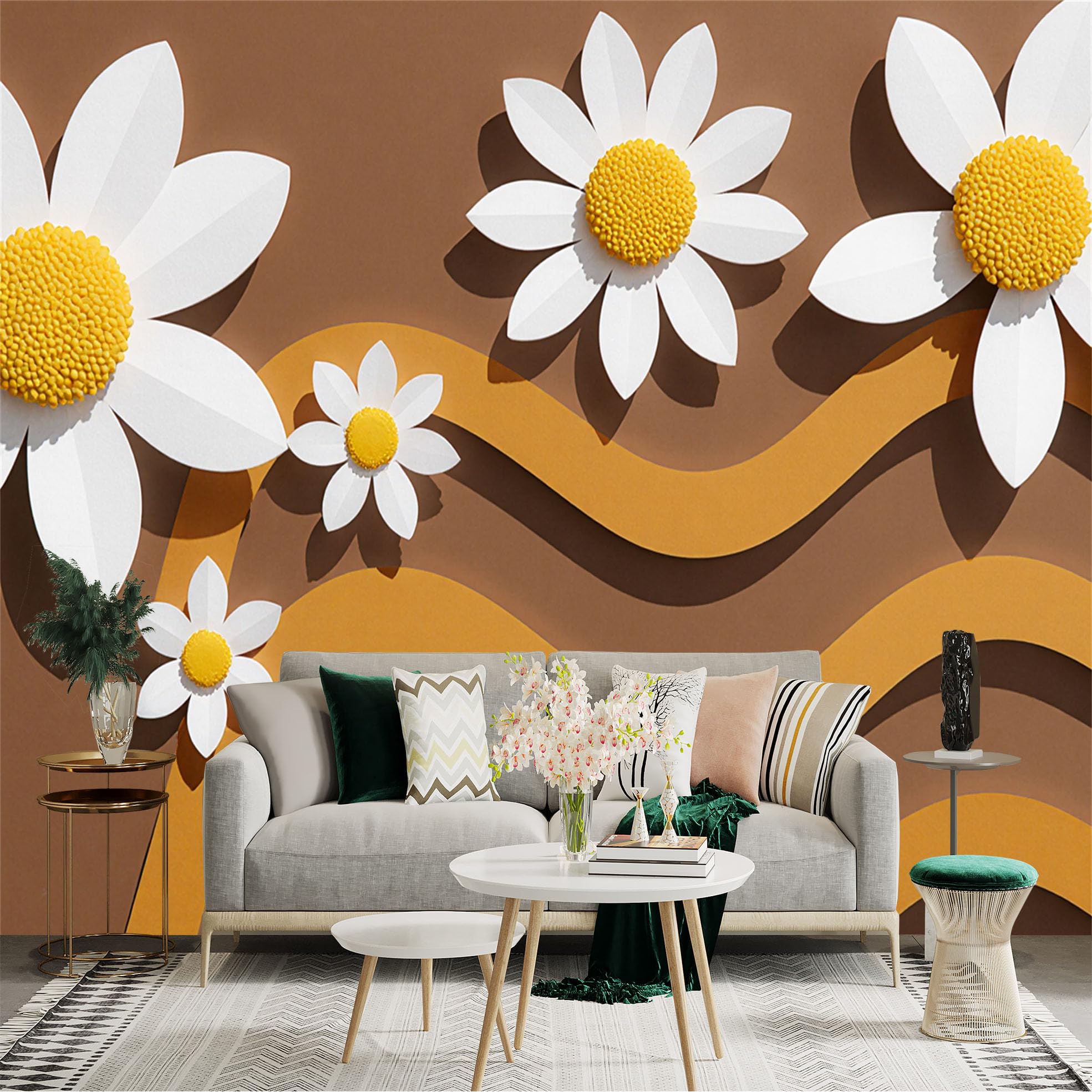 Custom Size Wall Sticker Mural， White Daisies with Yellow Centers， Abstract Brown Wavy Lines， Retro Aesthetic Floral Pattern， for wall Decoration， peelandstick wall Decals.