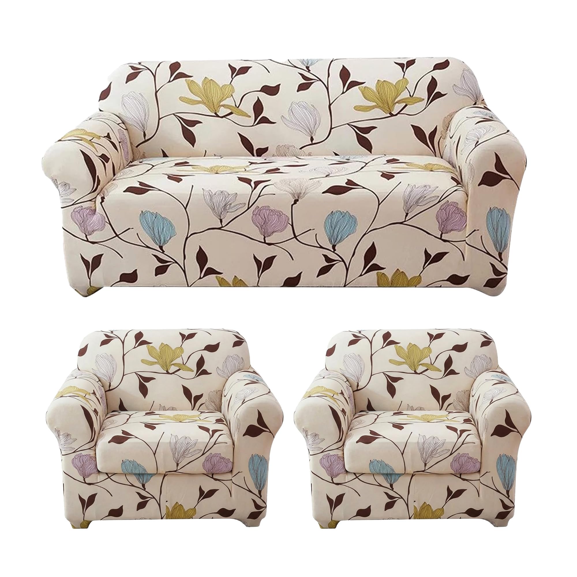 B BESTILO Sofa Cover 3 Seater and 2 Seater Fully Covered Universal 5 Seater Sofa Cover Non-Slip Sticky Elastic Stretchable Sofa Set Slipcover (Cream Brown Leaf, Five Seater (3+1+1))-image-16