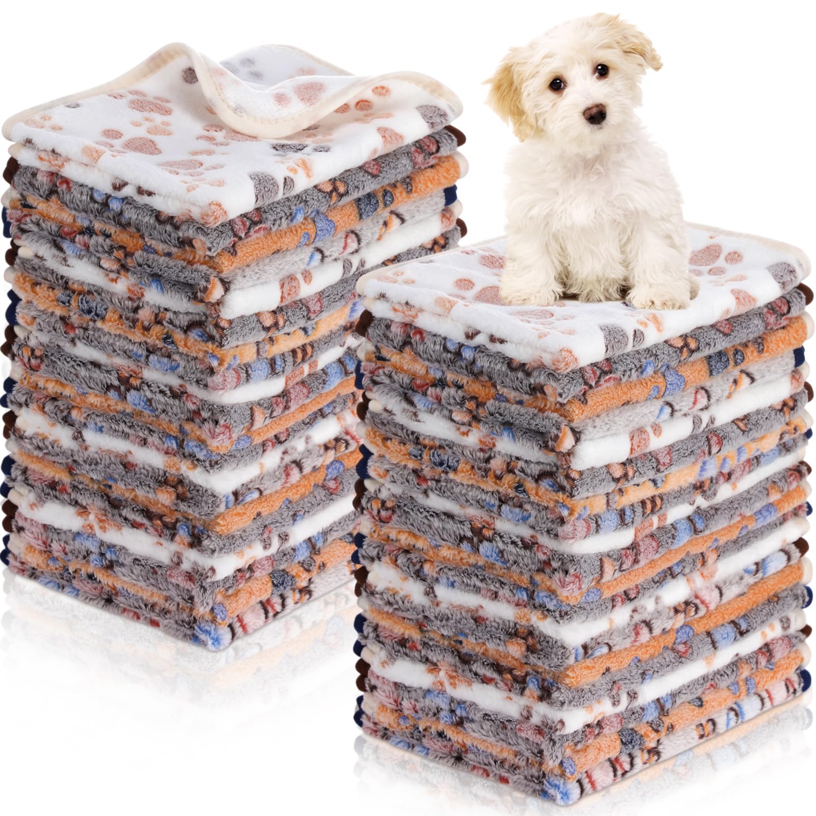 Chumia 40 Pcs Blankets Soft Fluffy Fleece Washable Pet Dog Sleep mat Paw Print Pattern Fleece Blankets for Pets Throw Warm Bed Mat for Dog Puppy Cat(24 x 16 Inch,Brown, White, Black, Blue)
