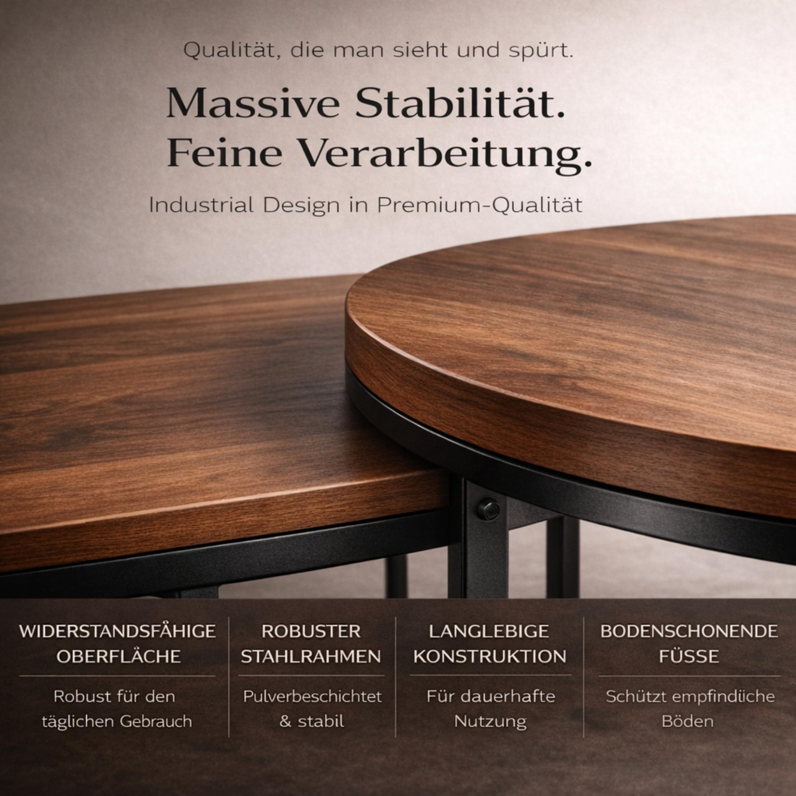 Couchtisch Rund & Oval, 2er Set Satztisch Holzoptik, Schwarz | Platzsparendes Satztisch Set für Wohnzimmer, modernes Nesting Design, stabiles Metallgestell