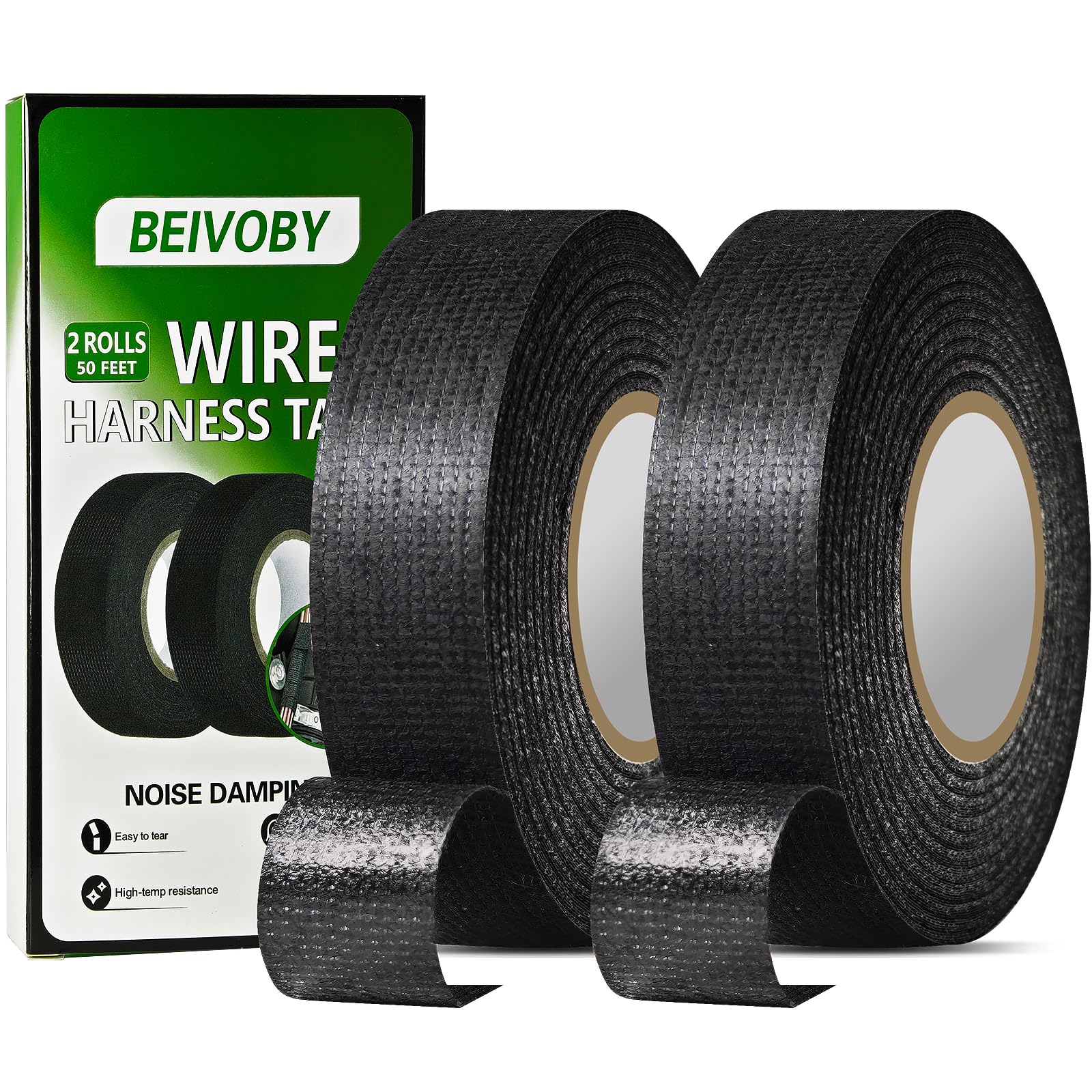 2 Rolls High Temp Wire Harness Tape (100FT Total) – OEM-Grade Automotive Cloth Fabric Tape for Engine Wiring Loom, Cable Protection & Noise Dampening