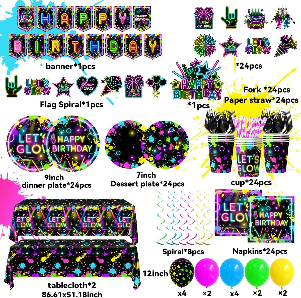 Neon Party Supplies Serves 24,Glow in The Dark Themed Tableware Including Plates,Napkins,Banner,Tablecloths Neon Birthday Party Decorations for Let's Glow Baby Shower Birthday Favors