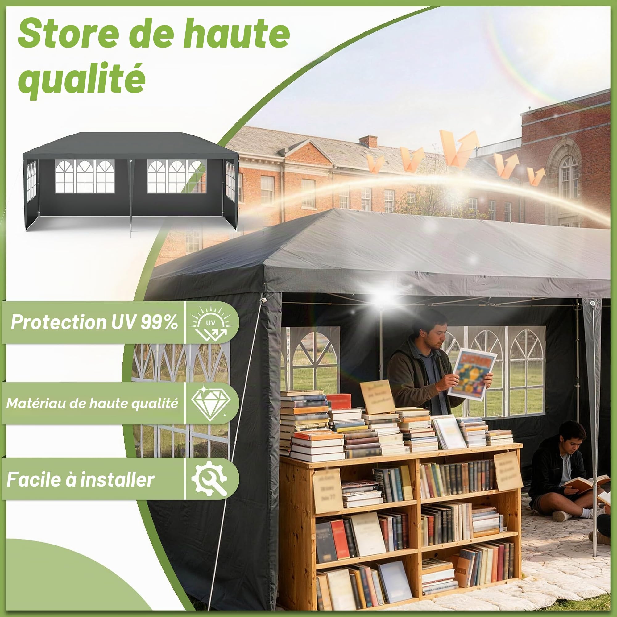 ACXIN Tonnelle de jardin, 3 x 3 m, avec 4 panneaux latéraux, imperméable, structure robuste en acier, protection solaire et résistante aux intempéries, tissu Oxford, tonnelle de jardin ou tonnelle