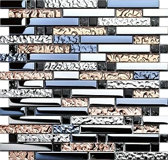 Hominter 11-Sheets Dark Blue and Rose Gold Backsplash Tile, Silver Coated Glass Tiles Interlocking Patterns, Black Crystal Mosaic Crackled for Kitchens and Bathrooms and Fireplace Surrounds KS180