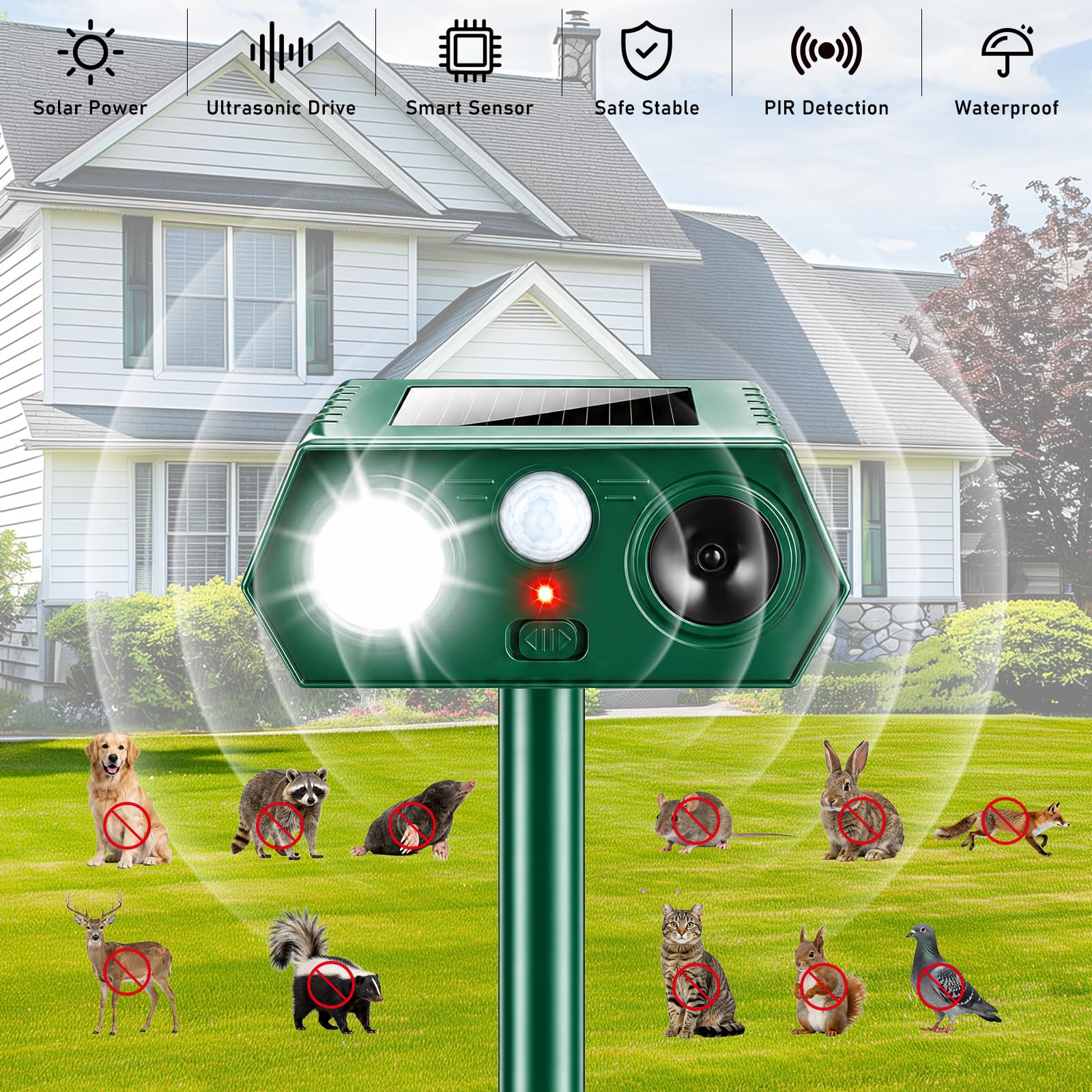 2 Pièces Repulsif Chat Exterieur, Solaire Répulsif Chat Ultrason avec Flash LED et 120° PIR Détecteur de Mouvement,IP54 Imperméable Ultra Son Anti Chats Chiens Renards Rongeurs