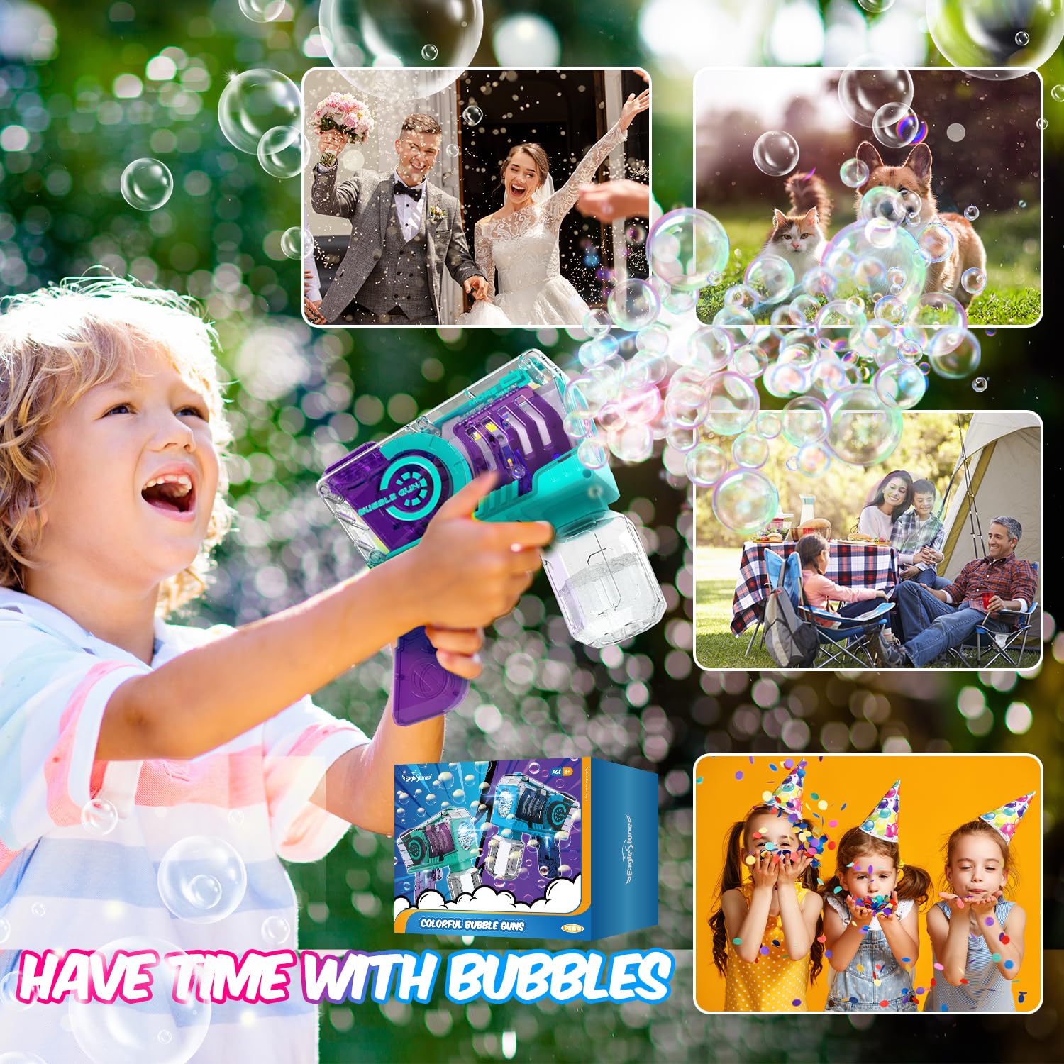 Eaglestone Bubble Gun for Kids 2 Packs, Automatic Bubble Machine, 10-Hole Bubbles Wands Blaster for Toddlers with LED Lights & Solution, Easter, Party Favor, Outdoor Game Toys for Boys & Girls Ages 3+