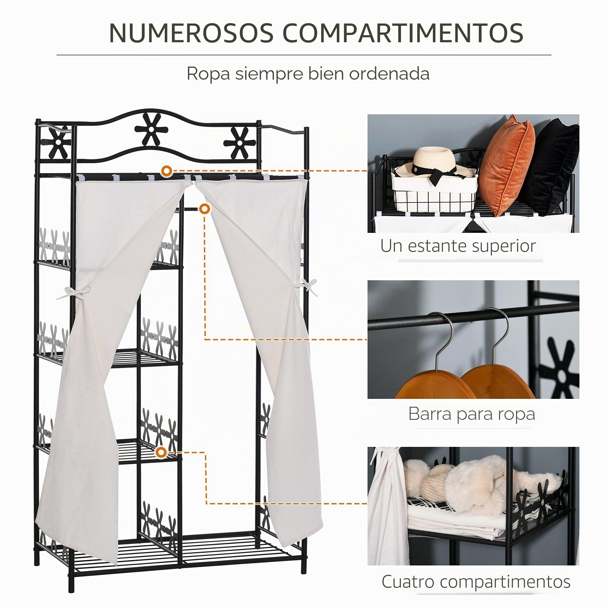 HOMCOM Armario con Cortinas 84x42x159 cm Negro