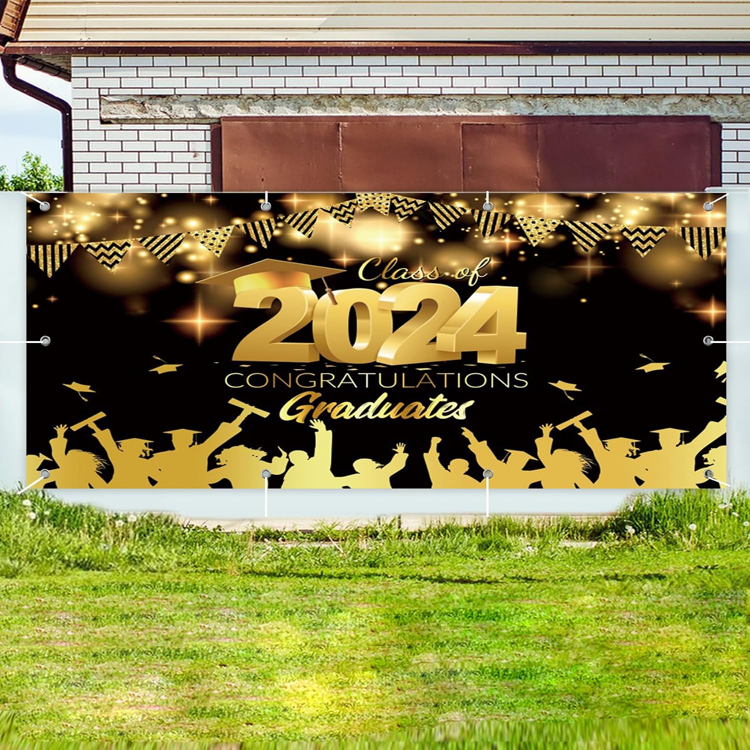 7x16ft Congrats Grad Garage Door Decoration Banner Gold Flash Graduation Photography Background Garage Decoration Mural Class of 2024 Congratulation Graduate Prom Party Decoration Banner