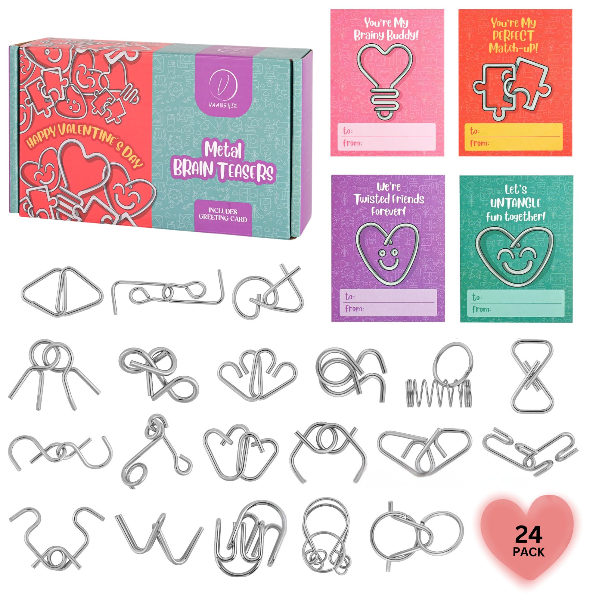 Photo 1 of 24 Pack Valentine Metal Brain Teaser Puzzles for Kids – Classroom Exchange Gifts with 24 Greeting Cards, White Bags & Instruction Cards, Fun Friendship Game Favors for Boys & Girls Ages 4–9