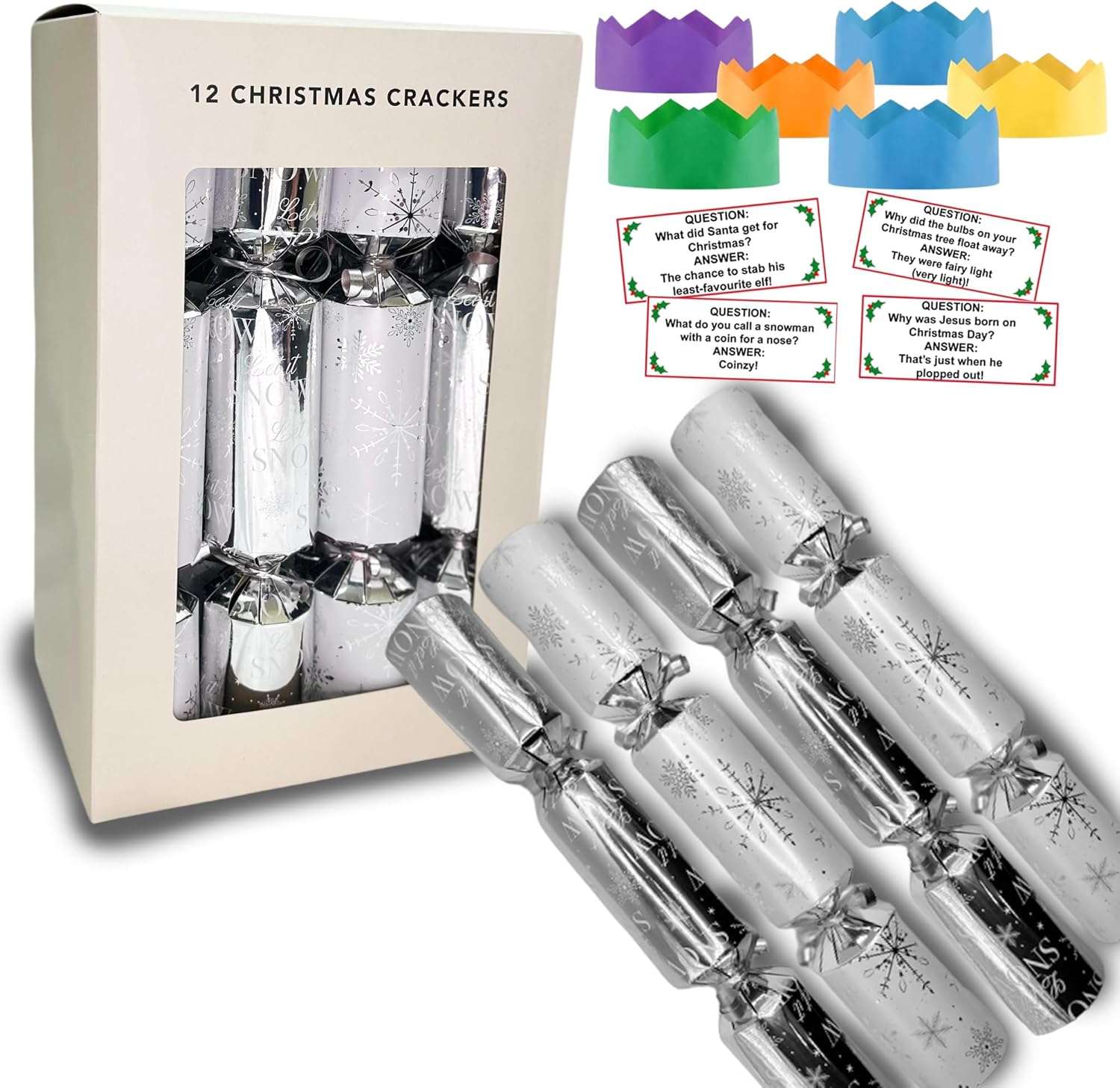 12 Luxury Christmas Crackers Deluxe Crackers with Party Hat, Joke, and Novelty Gift Inside