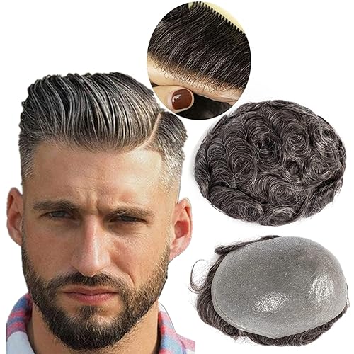 Tupé de cabello humano para hombre, piel suave y fina (0.002 in), extensiones de nudo en V para hombres, 8 x 10 pulgadas, sistema de reemplazo de