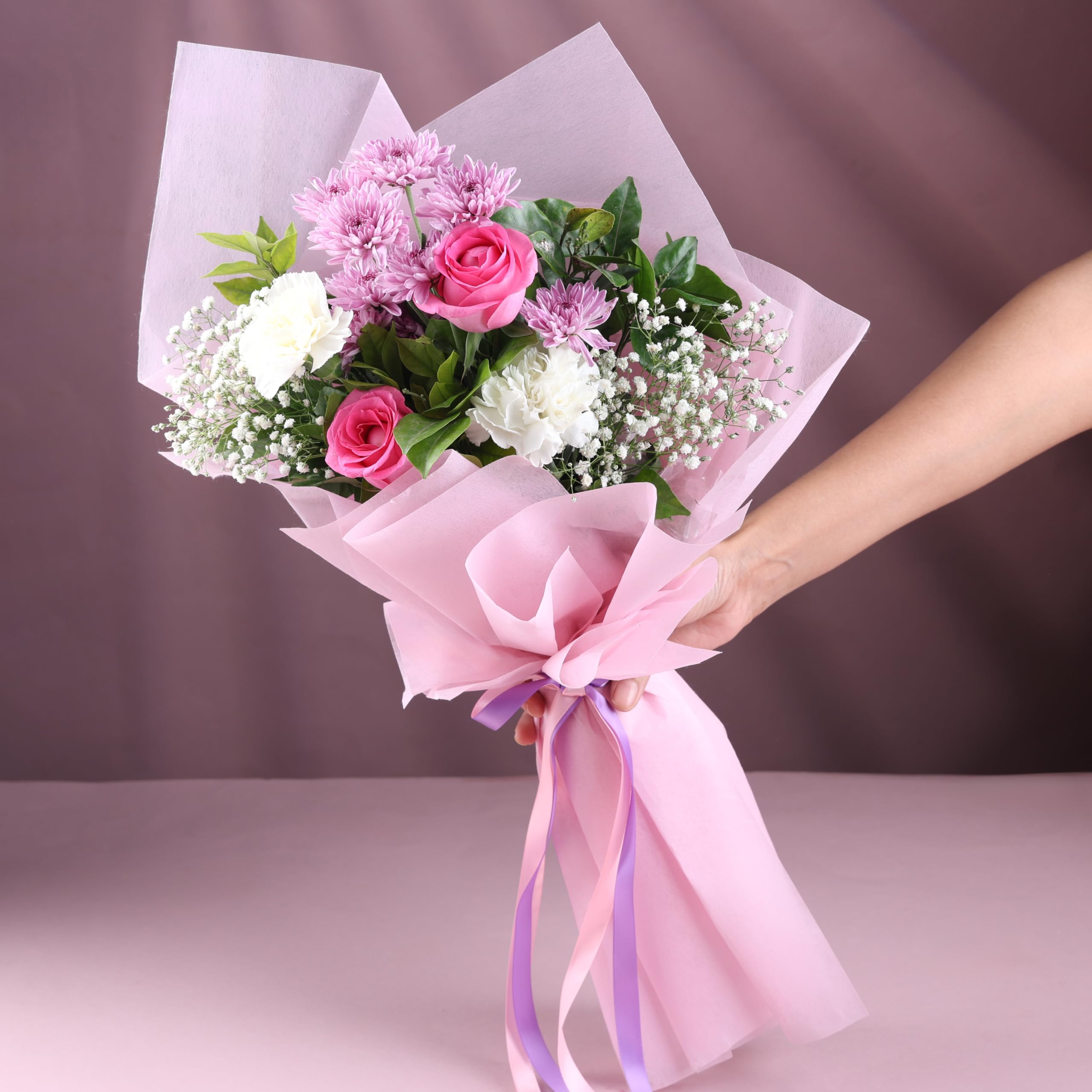 FlowerAura Premium Fresh Live Flower Bouquet of 2 Roses, 2 Carnation & 1 Daisy In Non Woven Paper Gift For Birthday | Anniversary | Romantic Surprise | Rose Day | Valentine's Day (Same Day Delivery)-image-19