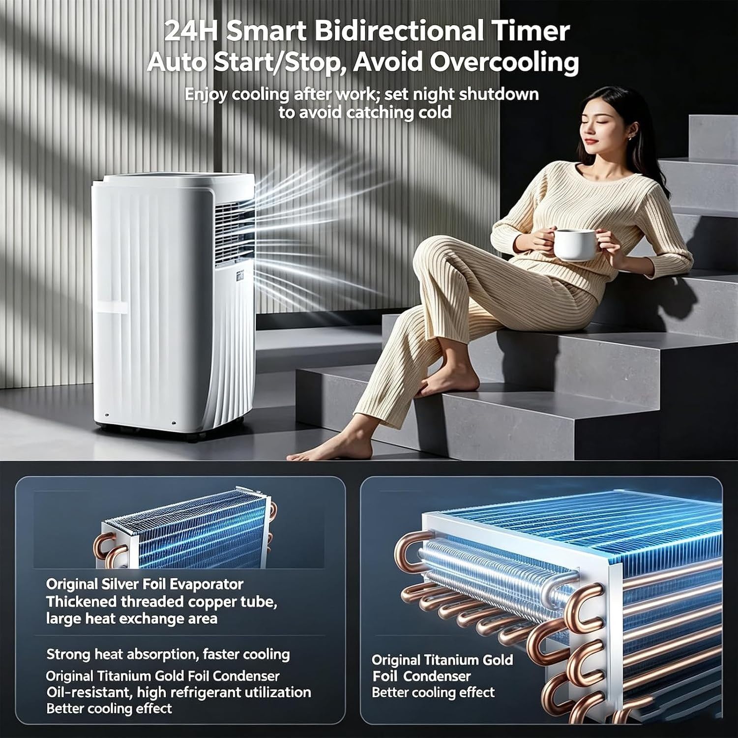 Aire Acondicionado Portátil Sin Unidad Exterior 12000 BTU, Climatizador Silencioso sobre Ruedas con Mando a Distancia para Oficina, Refrigeración y Deshumidific, 12000btu