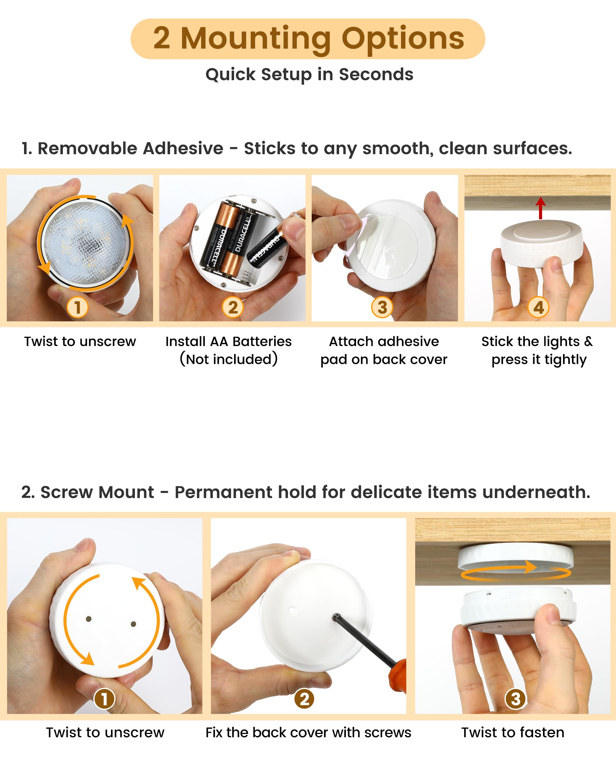 TECOMLIGHT Luci a disco con telecomando, funzionamento a batteria, senza fili, per illuminazione sotto armadietto, da attaccare al rubinetto, per cucina, scaffale, confezione da 6, colore: bianco