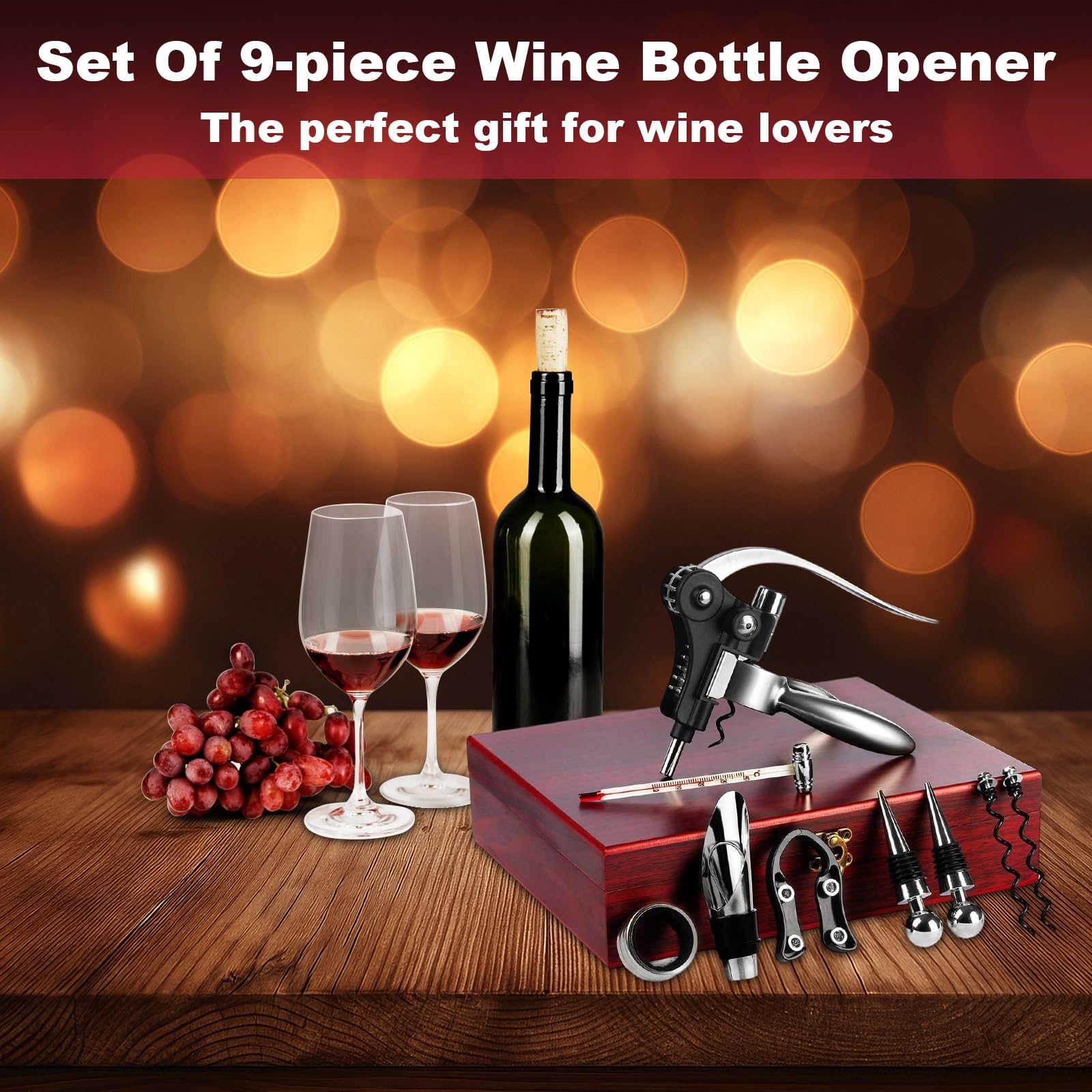 Sacacorchos Profesional Manual 9 Piezas con Caja Regalo Madera, Decantador y Antigoteo, Accesorios Abrebotellas para Regalos